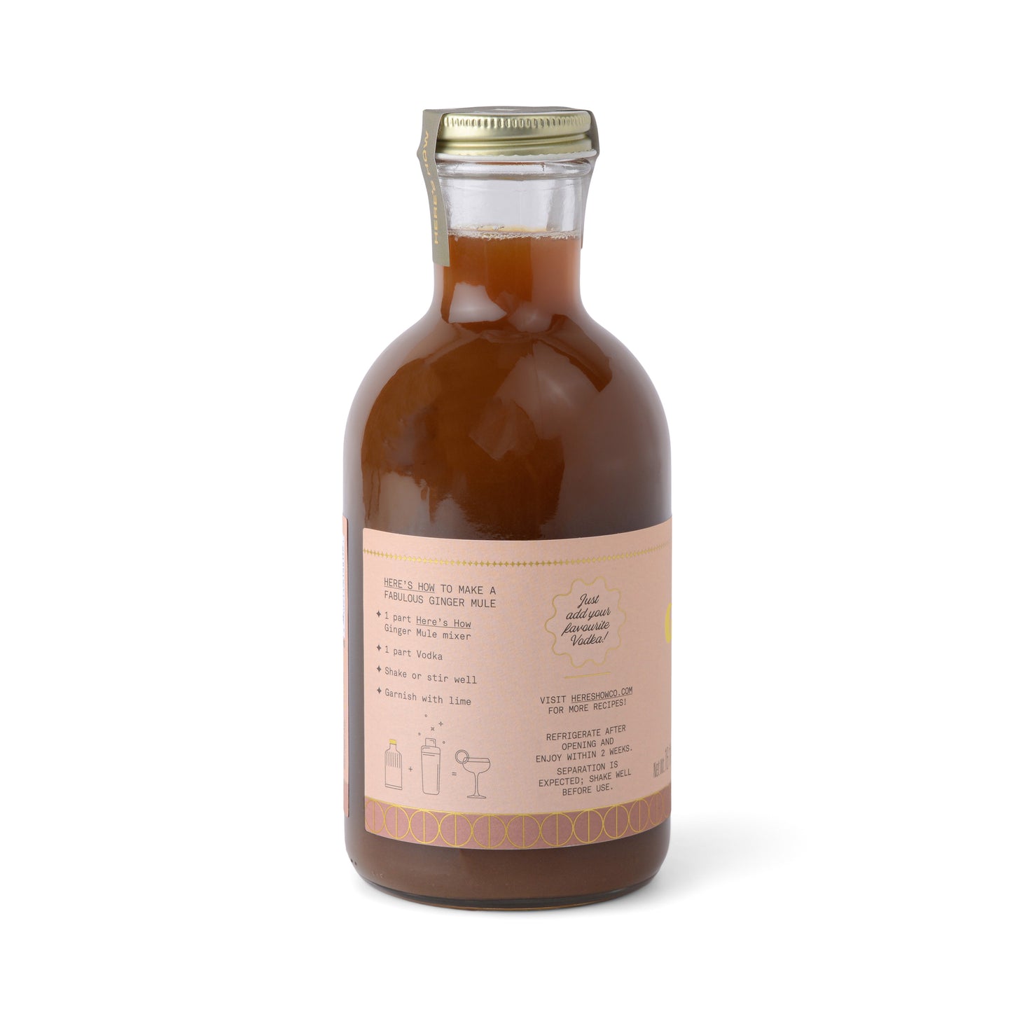 A glass bottle of Ginger Mule with brown liquid has a gold cap and a beige label featuring cocktail mixing instructions and illustrations.