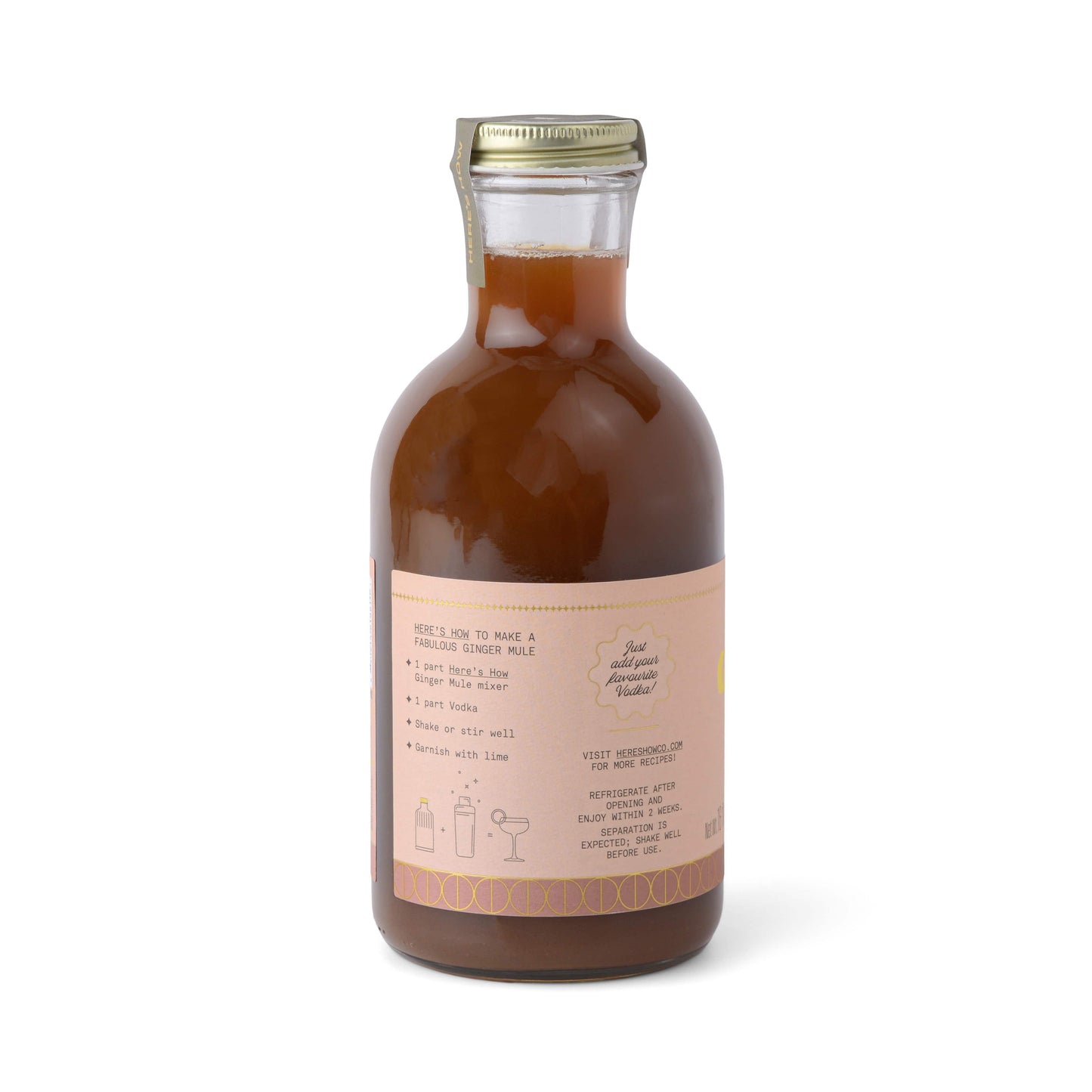 A glass bottle of Ginger Mule with brown liquid has a gold cap and a beige label featuring cocktail mixing instructions and illustrations.