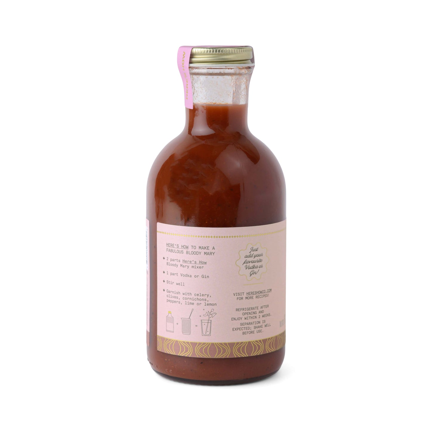A glass bottle of Bloody Mary sauce with a pink label displaying text and cocktail illustrations, shown on a plain white background.