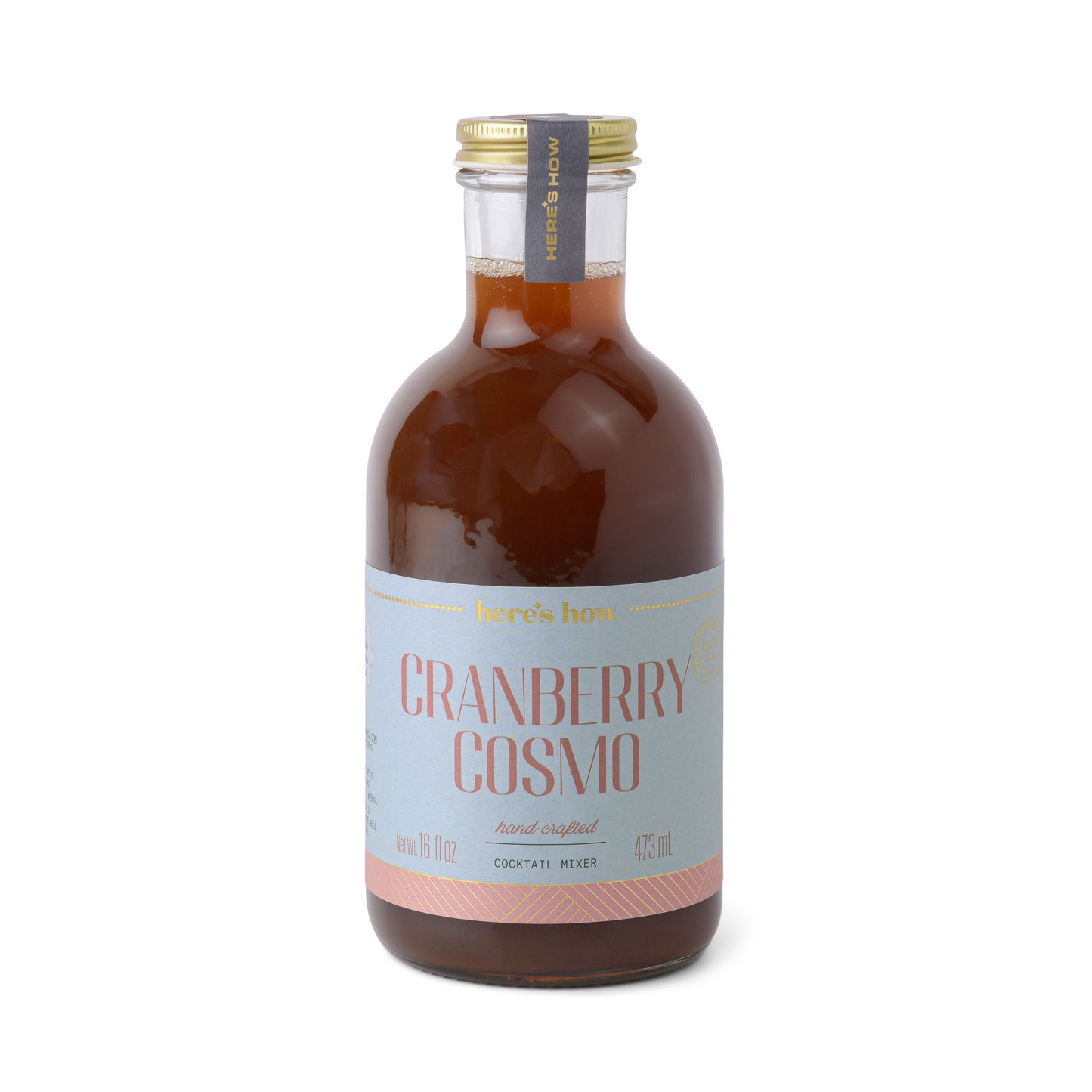 The Cranberry Cosmo cocktail mixer comes in a 16 fl oz glass bottle with a metal cap and light blue label—ideal for festive holiday drinks.