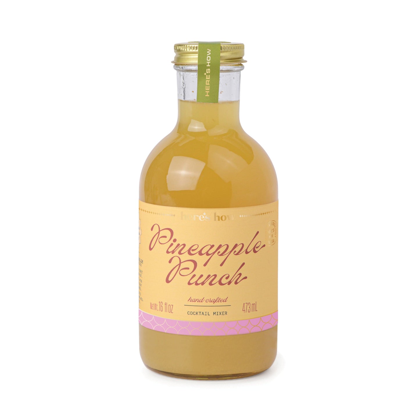 A 16 fl oz (473 ml) glass bottle of Pineapple Punch cocktail mixer with a yellow label and metal cap, offering pineapple concentrate for a tropical flavor.