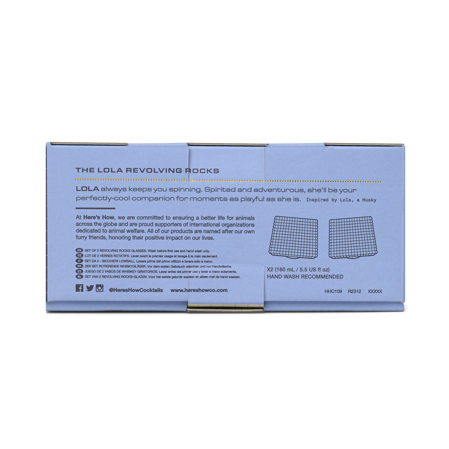 Back of The Lola box with text describing stylish fluted glasses with spherical bottoms, sustainability initiatives, social media links, and care instructions.