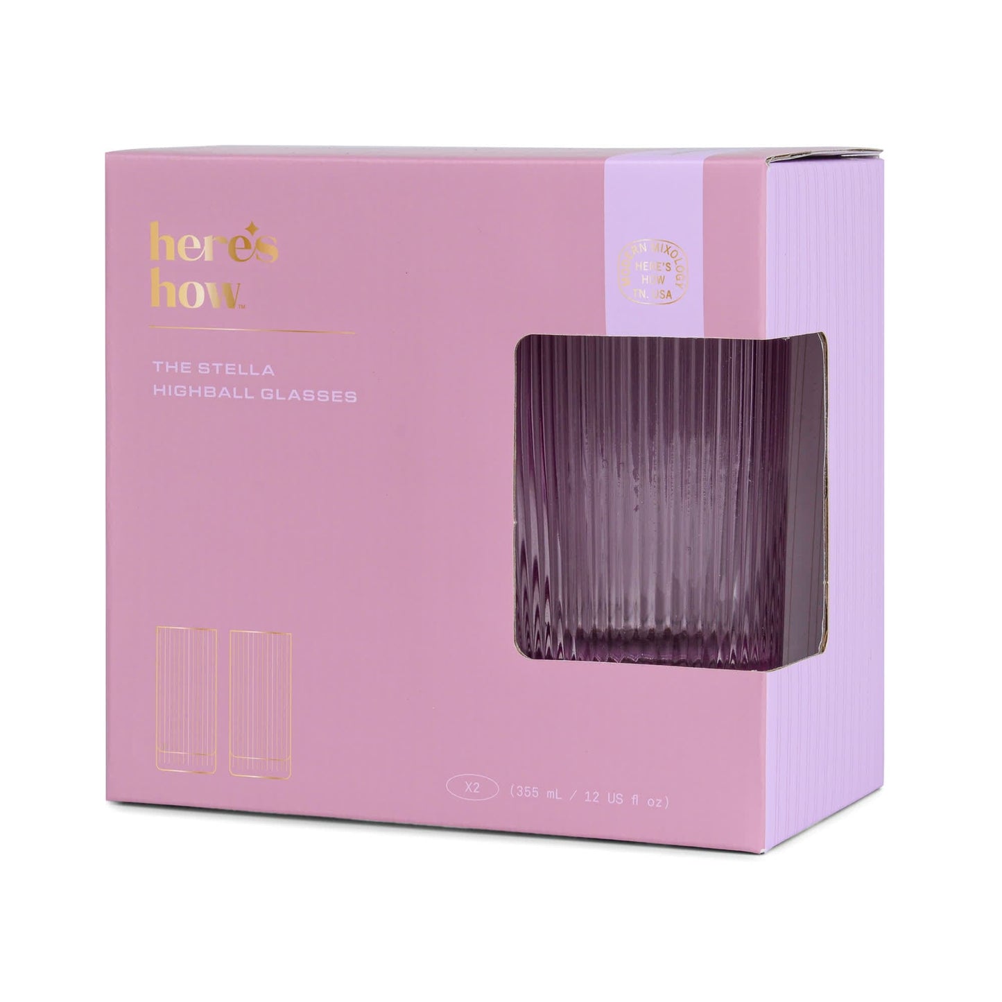 A pink box labeled “here’s how” contains two 12 oz The Stella Highball Glasses, with one visible through a cutout window.
