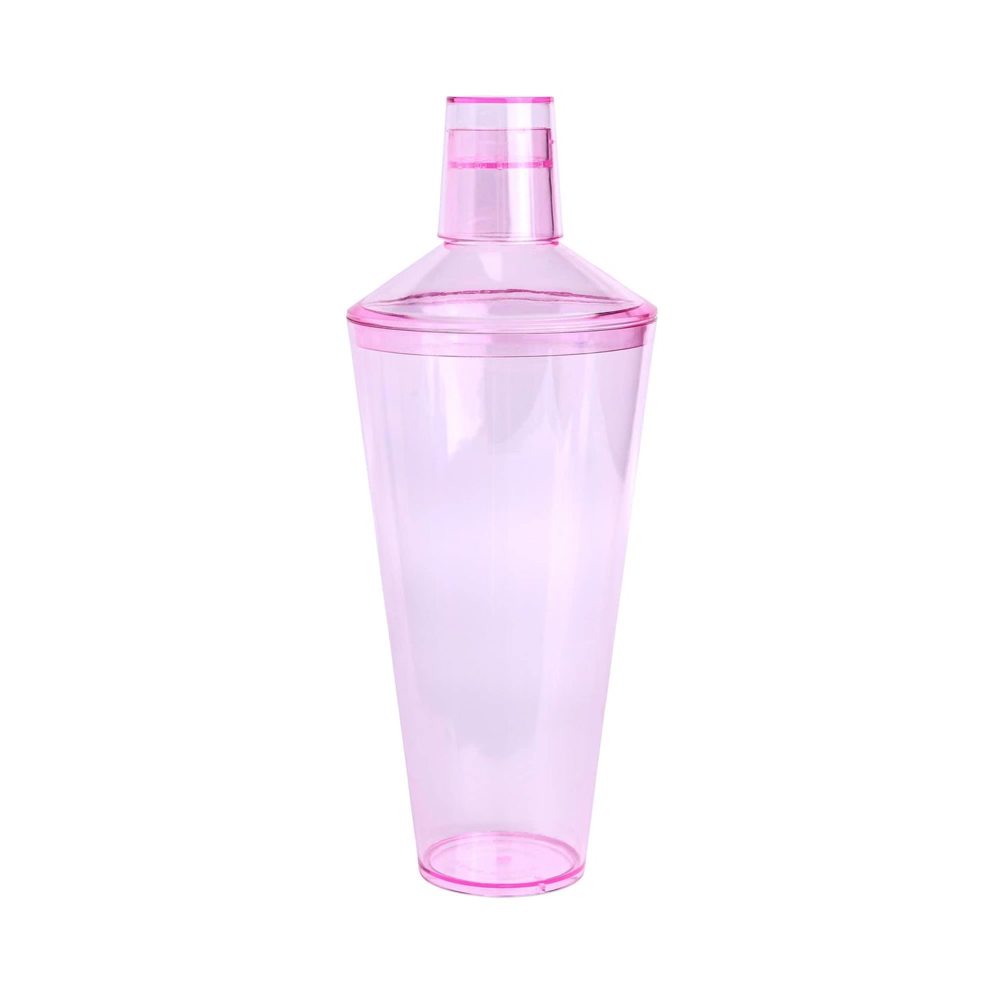 The Penelope Cocktail Shaker is a translucent pink plastic shaker with a cap, perfect for mixology lovers and ideal for outdoor use, shown against a white background.