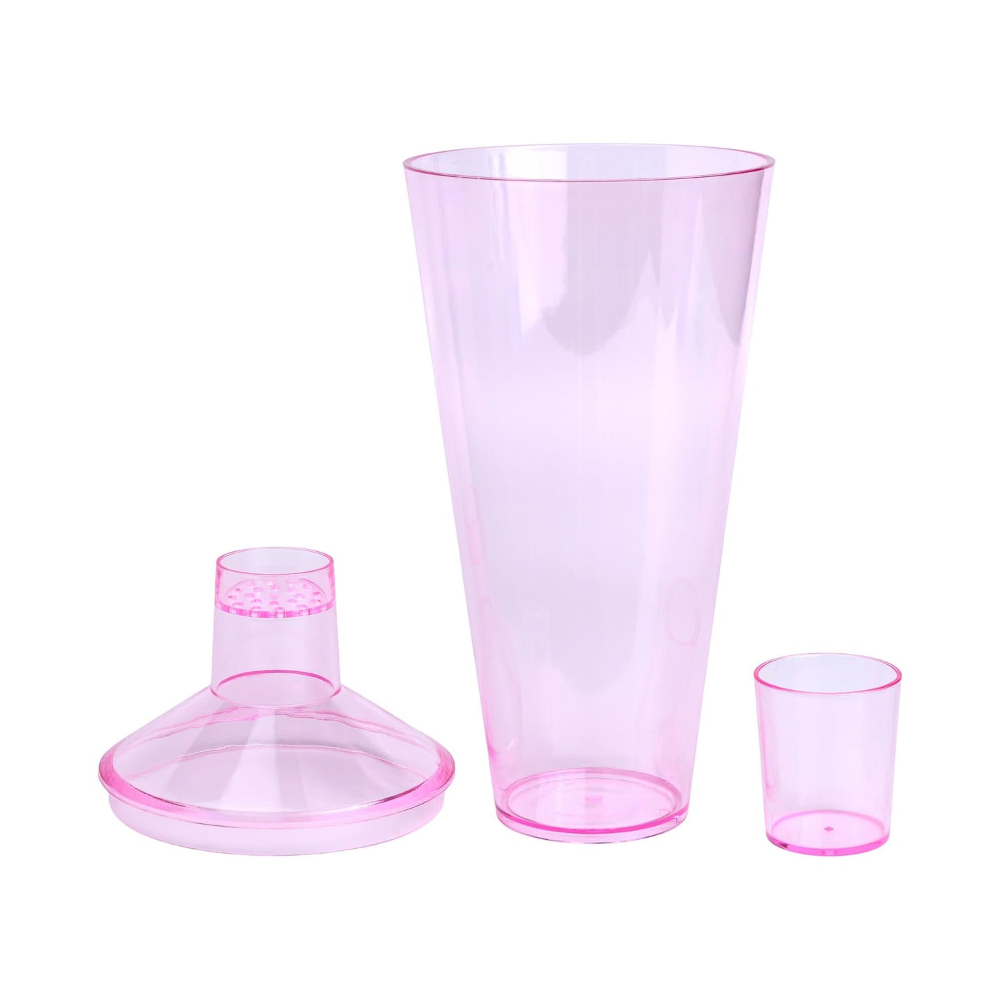 The Penelope Cocktail Shaker, a translucent pink plastic shaker with a stylish design, is shown on a white background—ideal for mixology enthusiasts or al fresco entertaining.