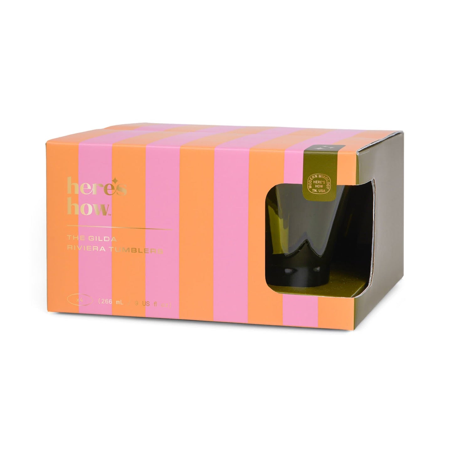 A rectangular box with pink and orange stripes labeled here’s how, inspired by beach vibes, reveals The Gilda Tumbler—chic cocktail glasses perfect for your favorite drinks.