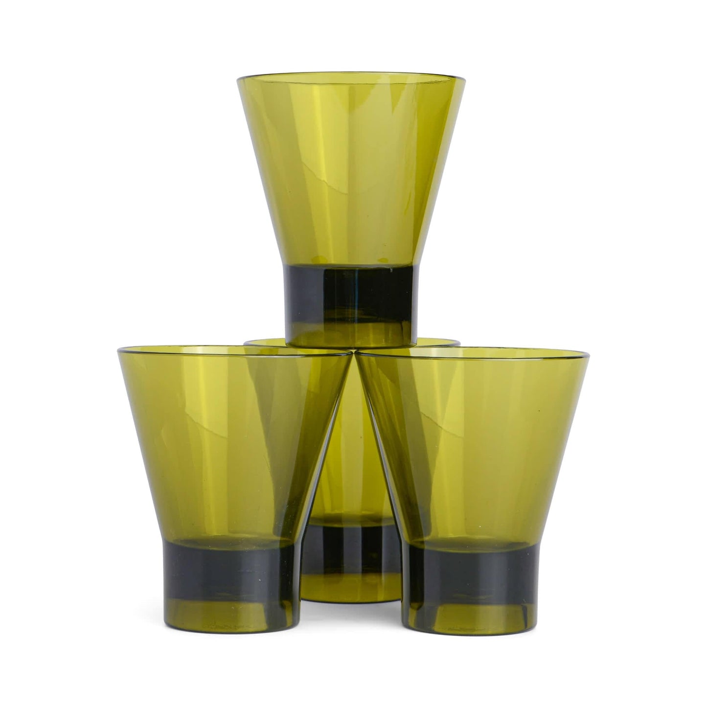 Four Gilda Tumblers in olive green, perfect for cocktails or beach gatherings, are stacked in a pyramid against a white background.