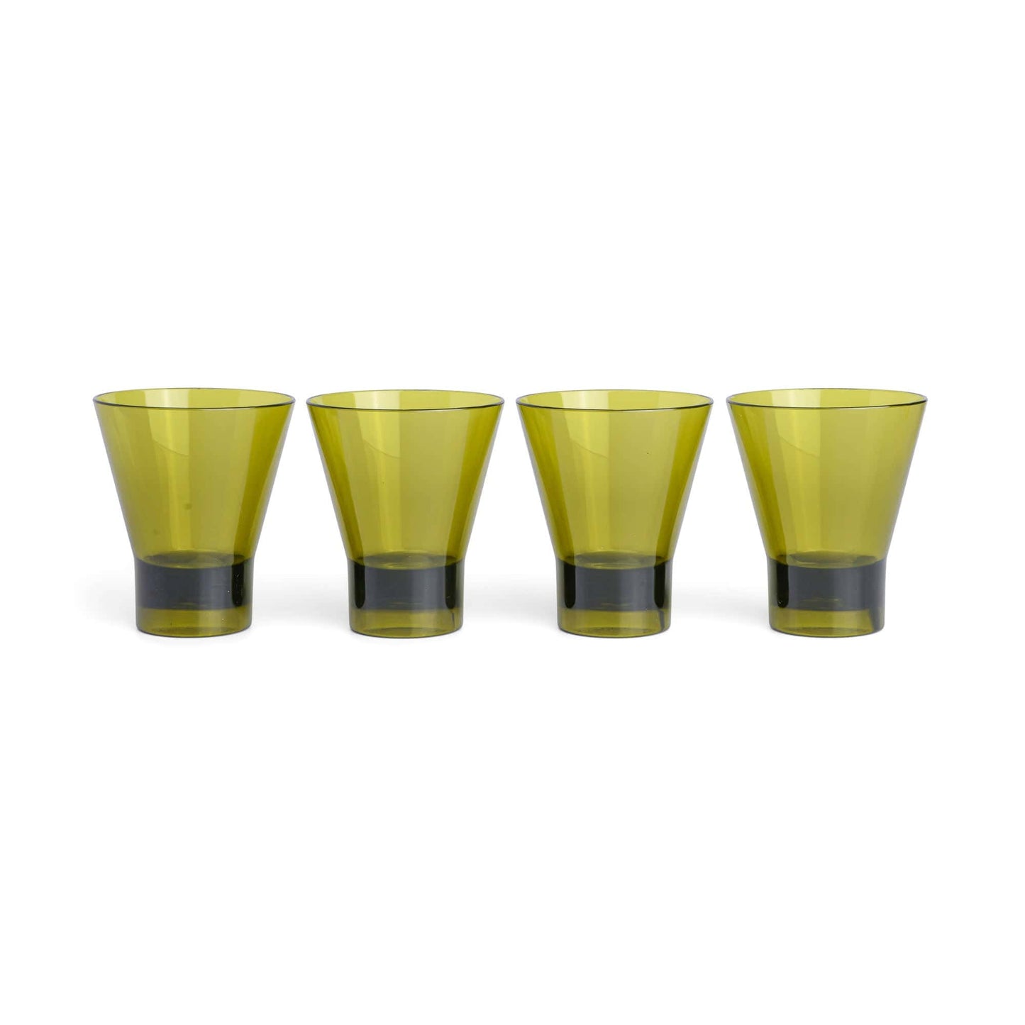 Four green-tinted The Gilda Tumbler glasses are arranged in a row on a white background, ideal for serving cocktails or enjoying drinks after a day at the beach.