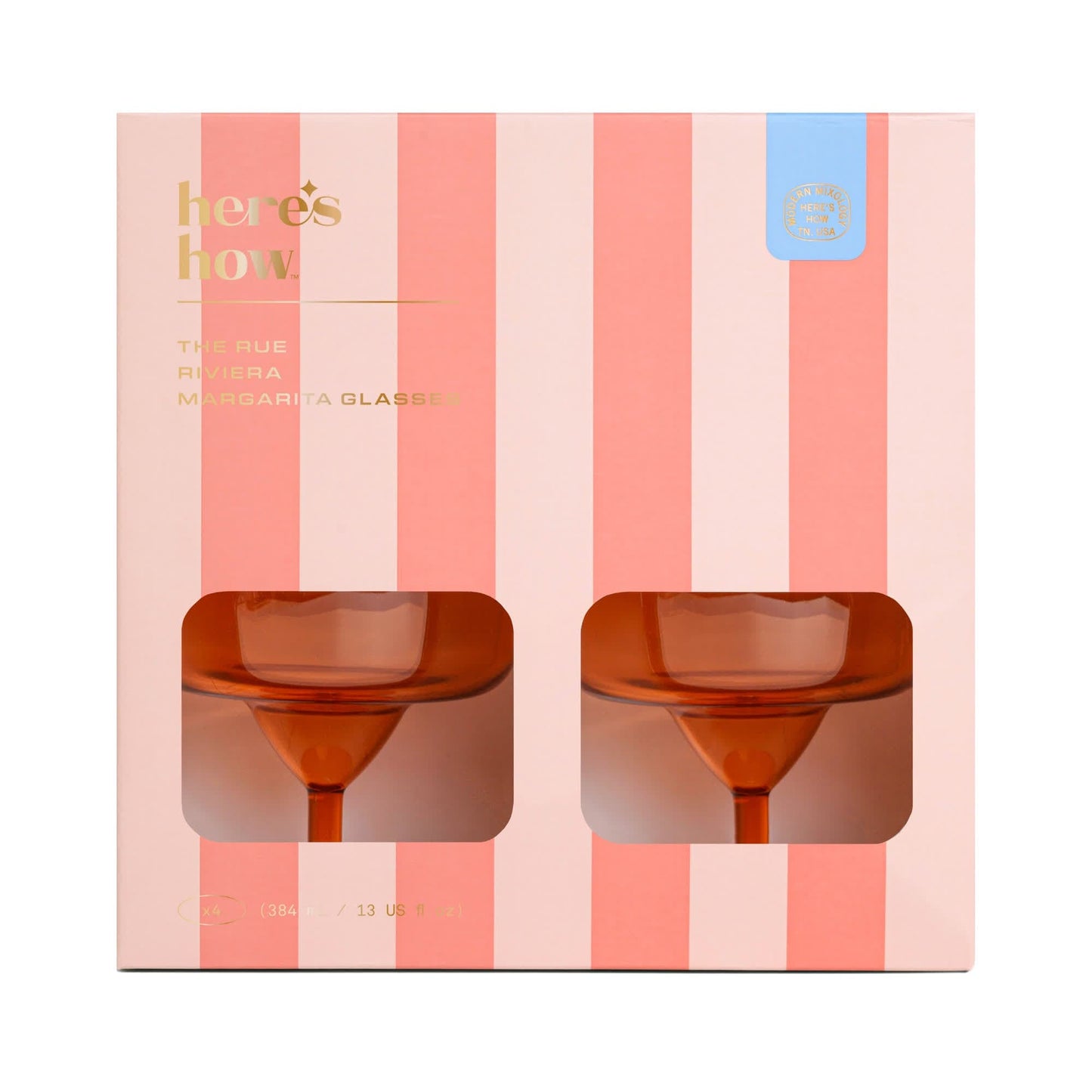 The Rue Margarita Glass boxed set features two pink-hued glasses in a pink and white striped package—ideal for poolside parties or beach bonfires.