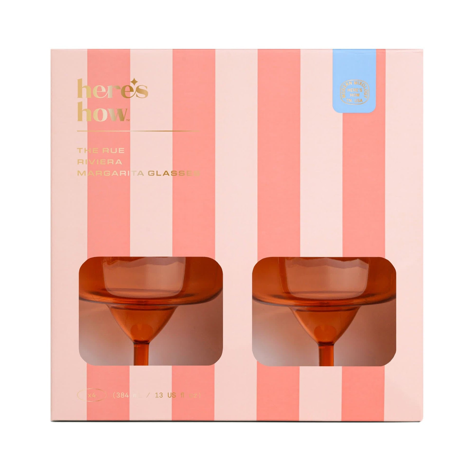 The Rue Margarita Glass boxed set features two pink-hued glasses in a pink and white striped package—ideal for poolside parties or beach bonfires.