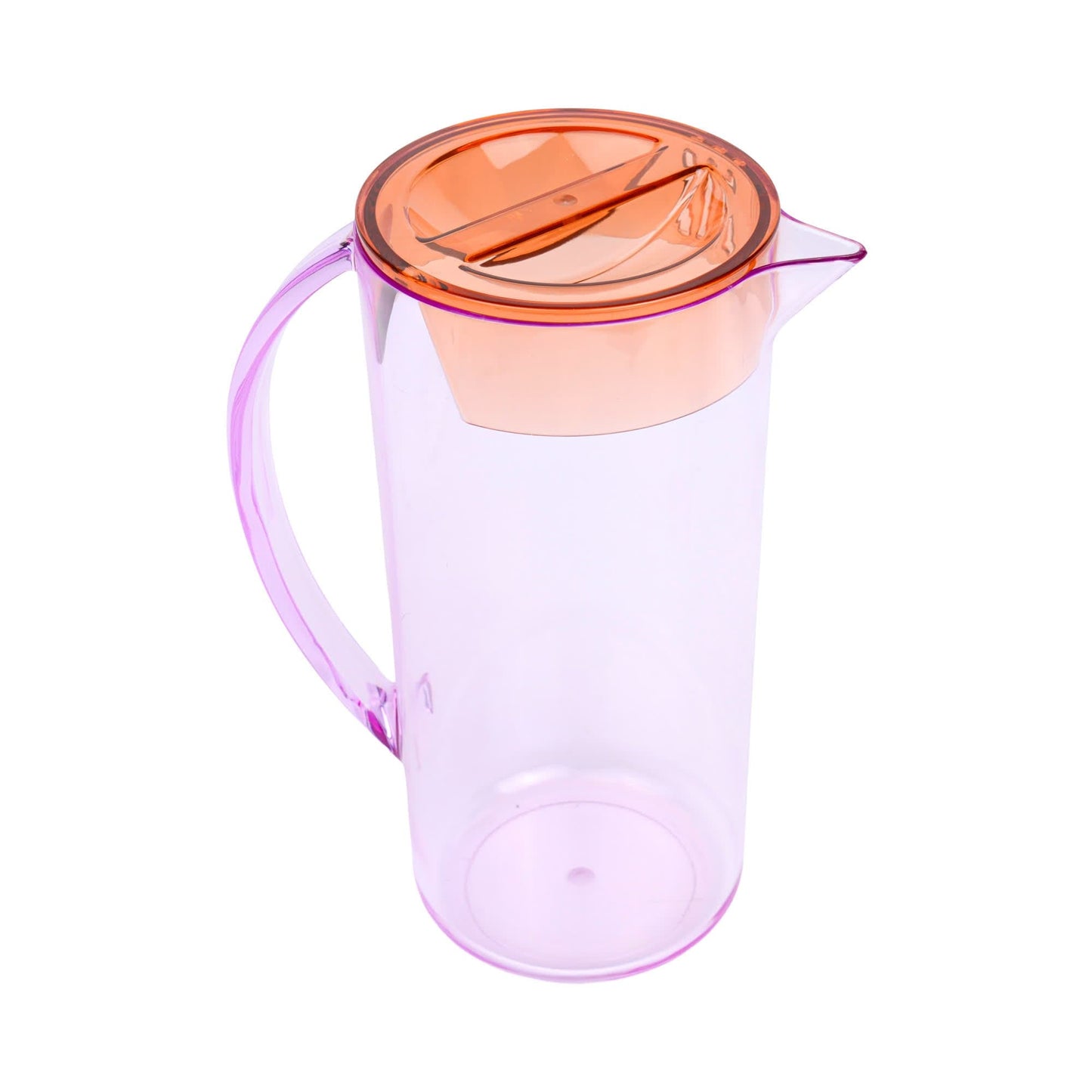 The Hobbes Pitcher, a clear plastic outdoor pitcher with a pink handle and orange lid, is shown on a white background—ideal for serving iced tea or margaritas.