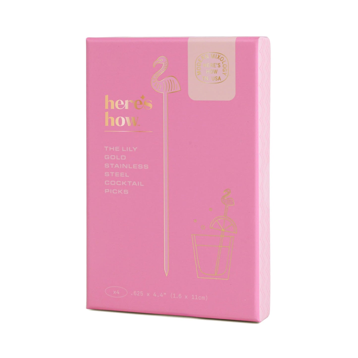 The Lily Flamingo Cocktail Picks come in a pink heres how box and feature gold stainless steel picks with a charming flamingo design—ideal for adding tropical flair to your cocktails.