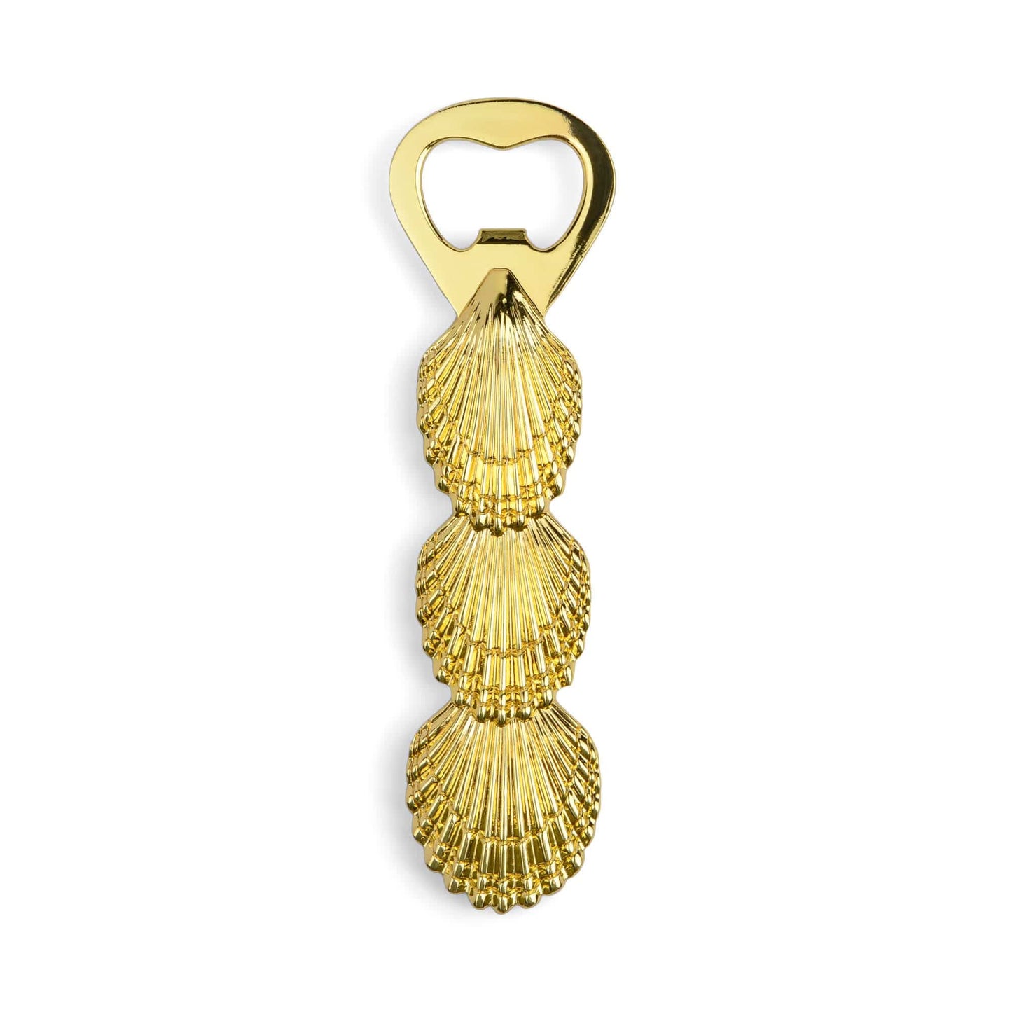 The Theo Shell Bottle Opener features a gold-colored finish and a handle shaped like three stacked seashells—a stylish must-have for beach lovers and cocktail enthusiasts.