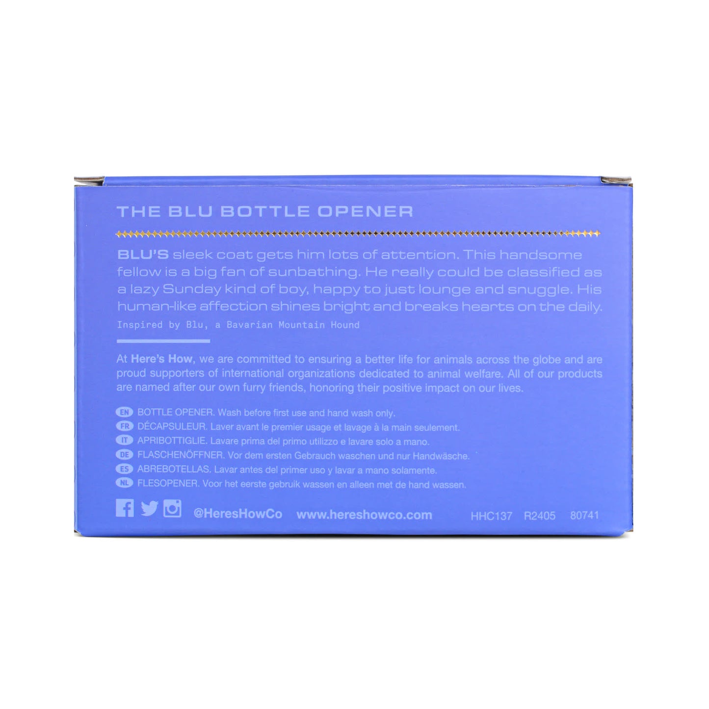 Back of The Blu Seal Bottle Opener box, featuring a description about BLU the Bavarian Mountain Hound, care instructions, and tips on adding oceanside elegance to cocktails—making it a must-have entertaining essential.