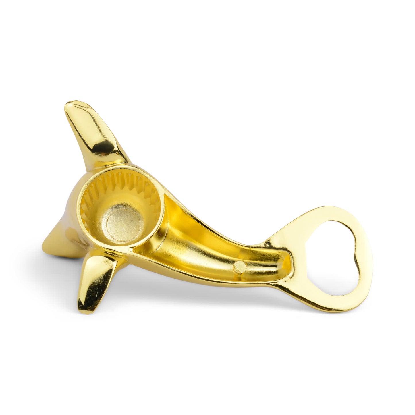 The Blu Seal Bottle Opener is a gold-colored metal opener shaped like a shark, adding oceanside elegance to your entertaining essentials.