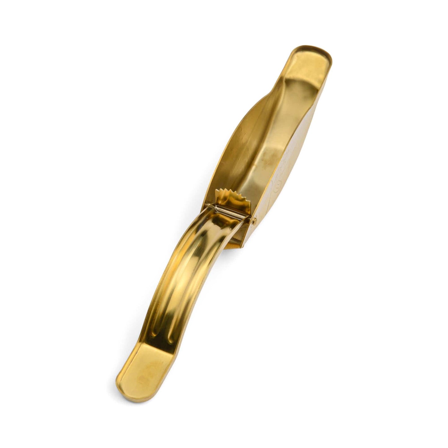 The Stevie Fish Citrus Juicer—gold metal with a curved handle and ridged chamber, shown from above on a white background—is an elegant tool to enhance your home bar and elevate your cocktail creations.