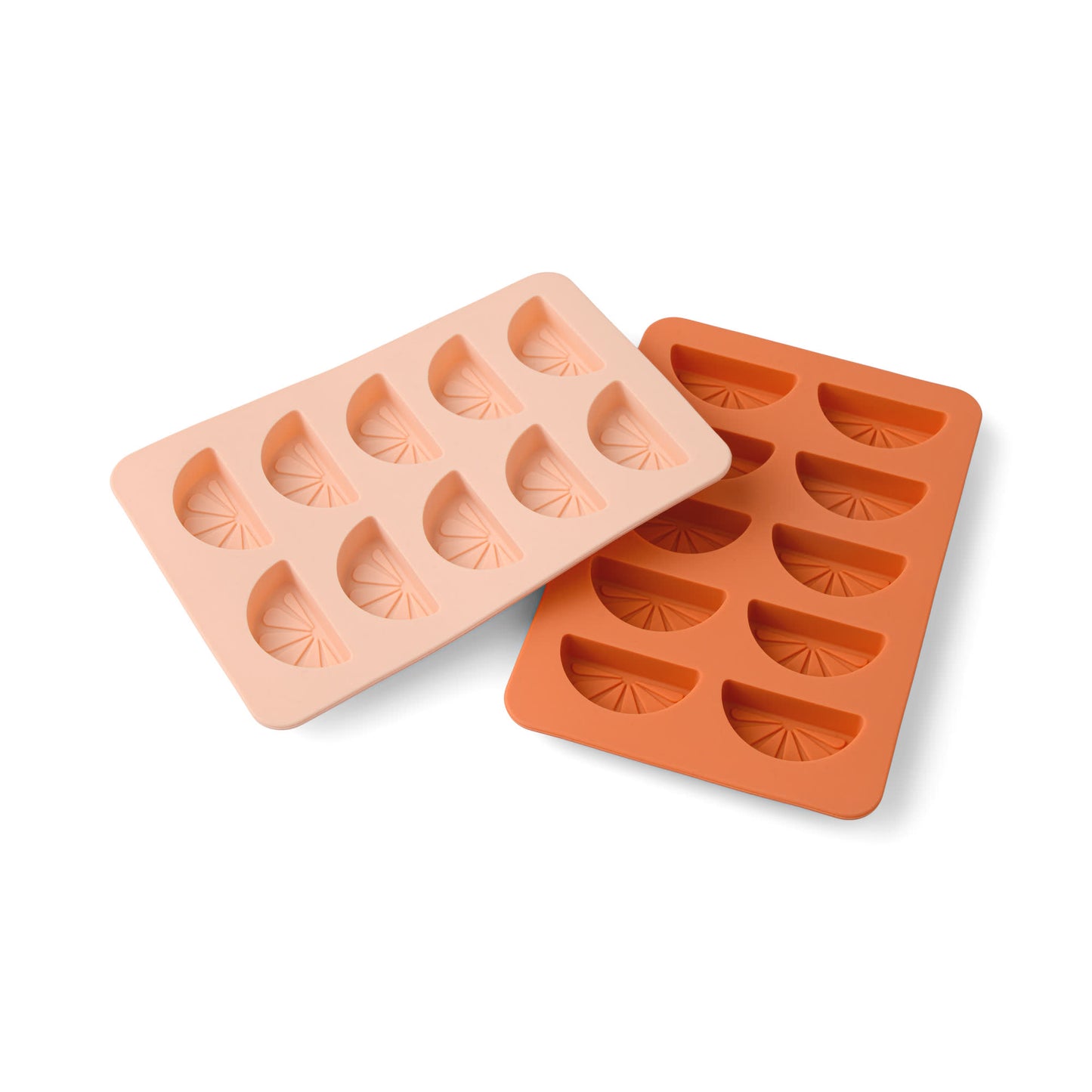 The Dotty Citrus Wedge Ice Trays come in peach and orange, each with eight citrus wedge-shaped cavities, adding a playful flair to your ice cubes. Shown on a white background.