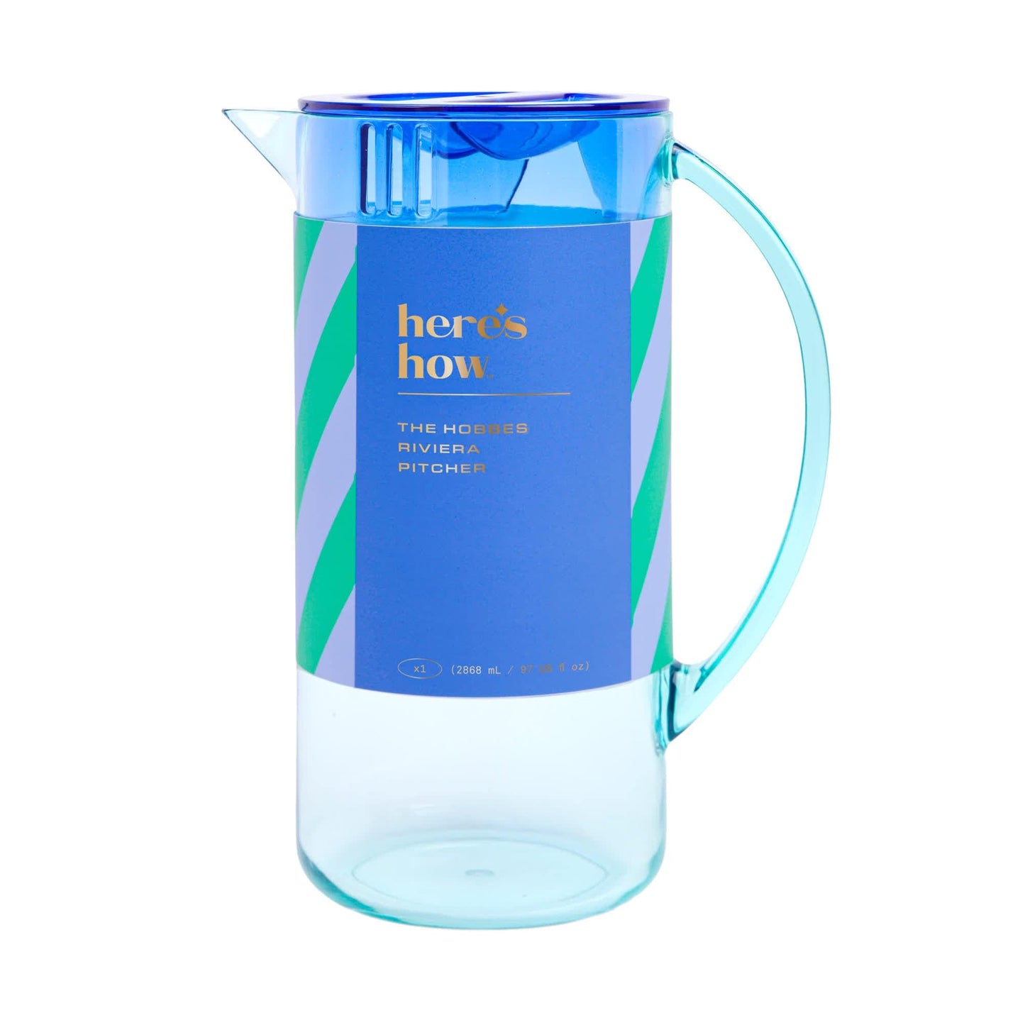 A transparent plastic pitcher with a blue lid and handle, perfect for serving iced tea or other beverages. The label reads: The Hobbes Pitcher with blue and green diagonal stripes.