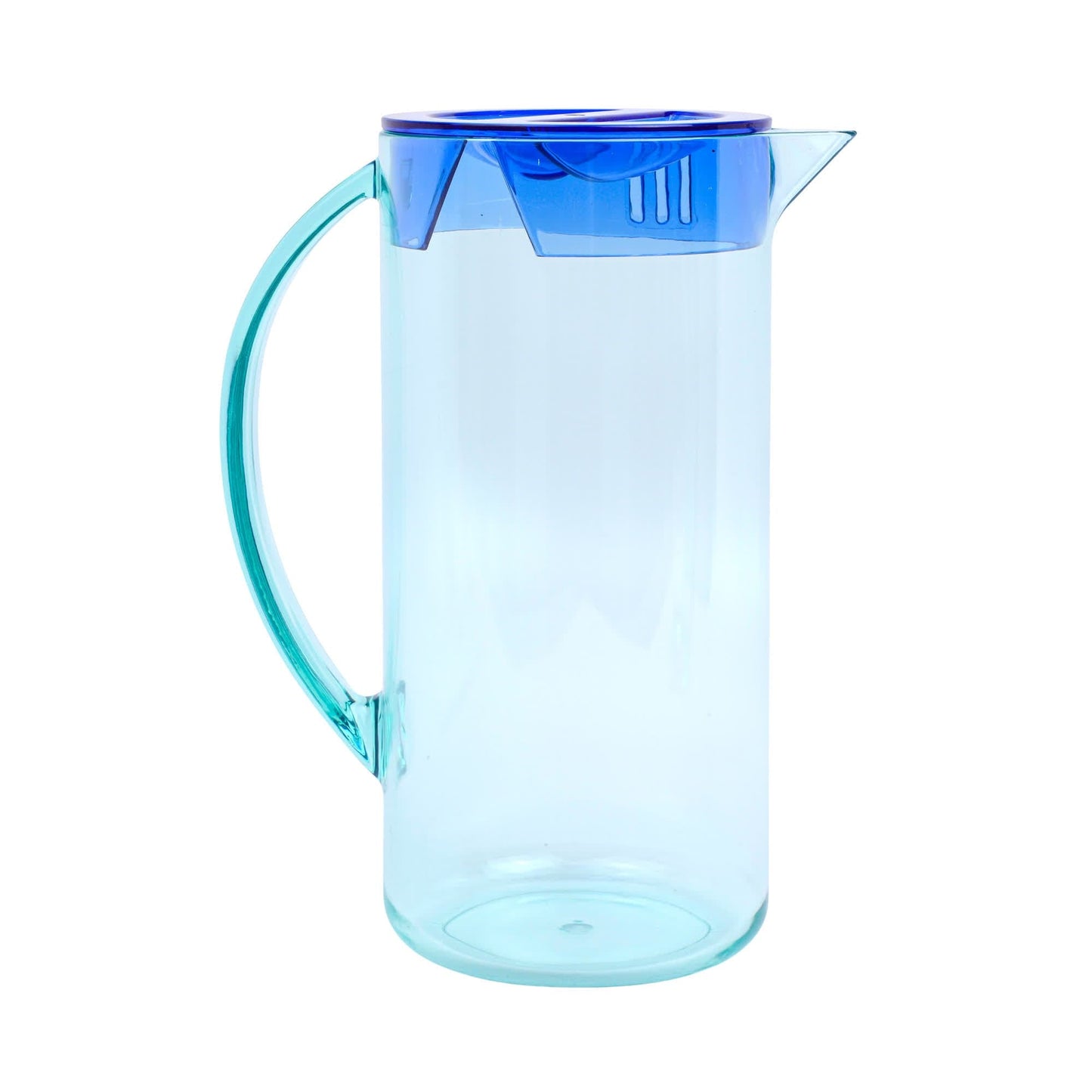 The Hobbes Pitcher is a transparent plastic outdoor pitcher with a large handle and blue lid, ideal for serving iced tea and drinks.