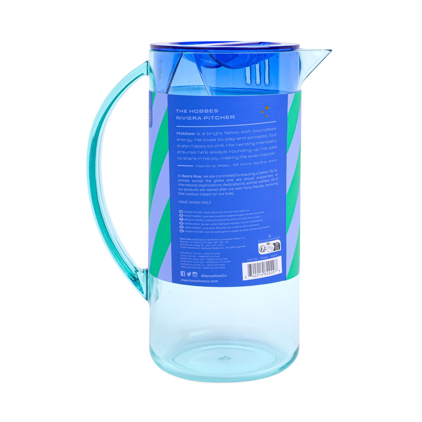 The Hobbes Pitcher is a clear plastic outdoor pitcher with a blue lid and handle, ideal for iced tea and other drinks. It features a blue and green label with product info on the back.