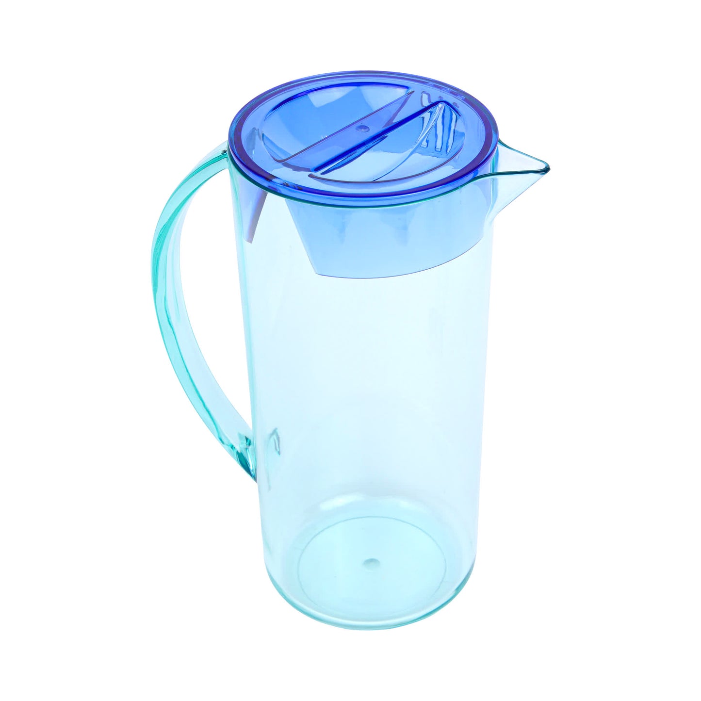 The Hobbes Pitcher, featuring a transparent body with a blue handle and lid, is perfect for serving beverages like iced tea. Photographed on a white background.