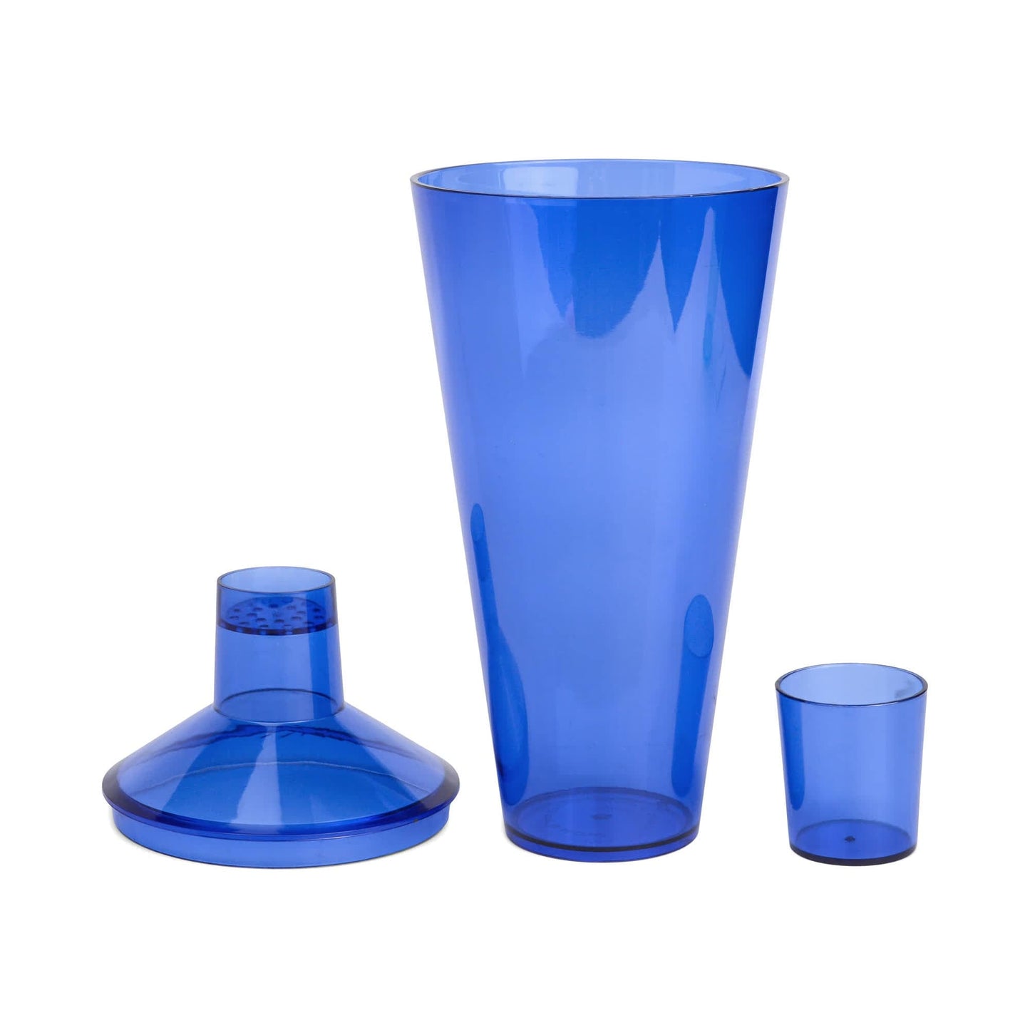 The Penelope Cocktail Shaker is a three-piece set—tall mixing cup, strainer lid, and shot glass—all made from translucent blue plastic. Ideal for mixology lovers who enjoy outdoor entertaining.