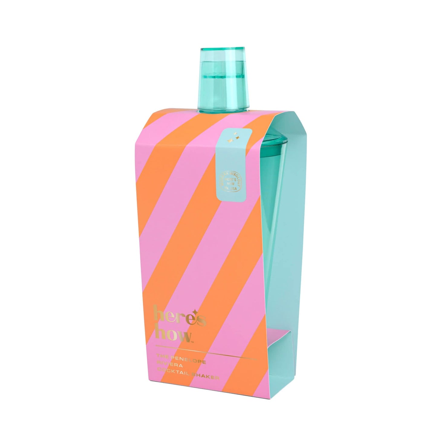 The Penelope Cocktail Shaker is a teal outdoor shaker in pink and orange striped packaging with gold here & now text—perfect for al fresco entertaining and a must-have for any mixology enthusiast.