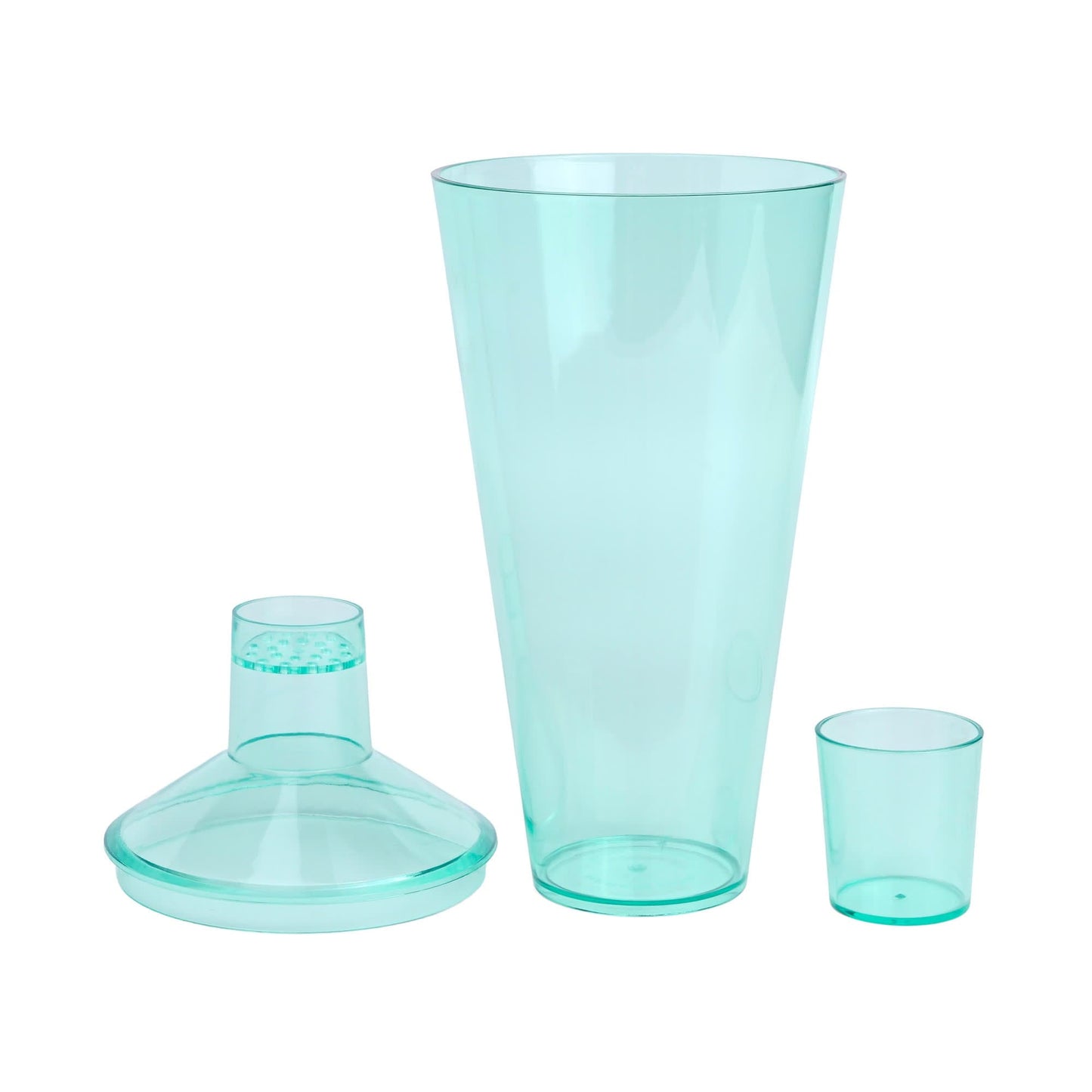 The Penelope Cocktail Shaker, a translucent turquoise plastic vessel, is showcased against a white background—an ideal choice for mixology enthusiasts seeking stylish al fresco entertaining options.