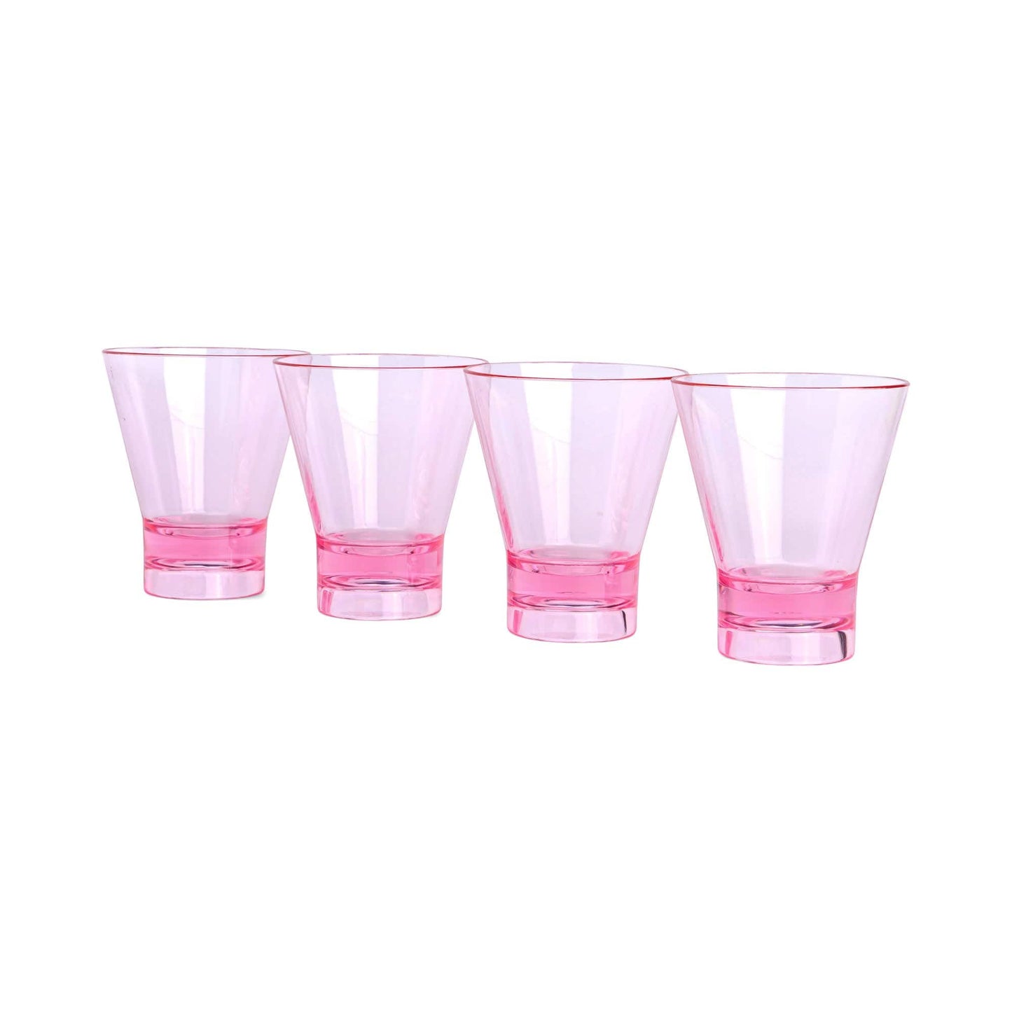 Four transparent pink Gilda Tumblers are aligned in a row on a white background, perfect for serving beach-inspired cocktails.