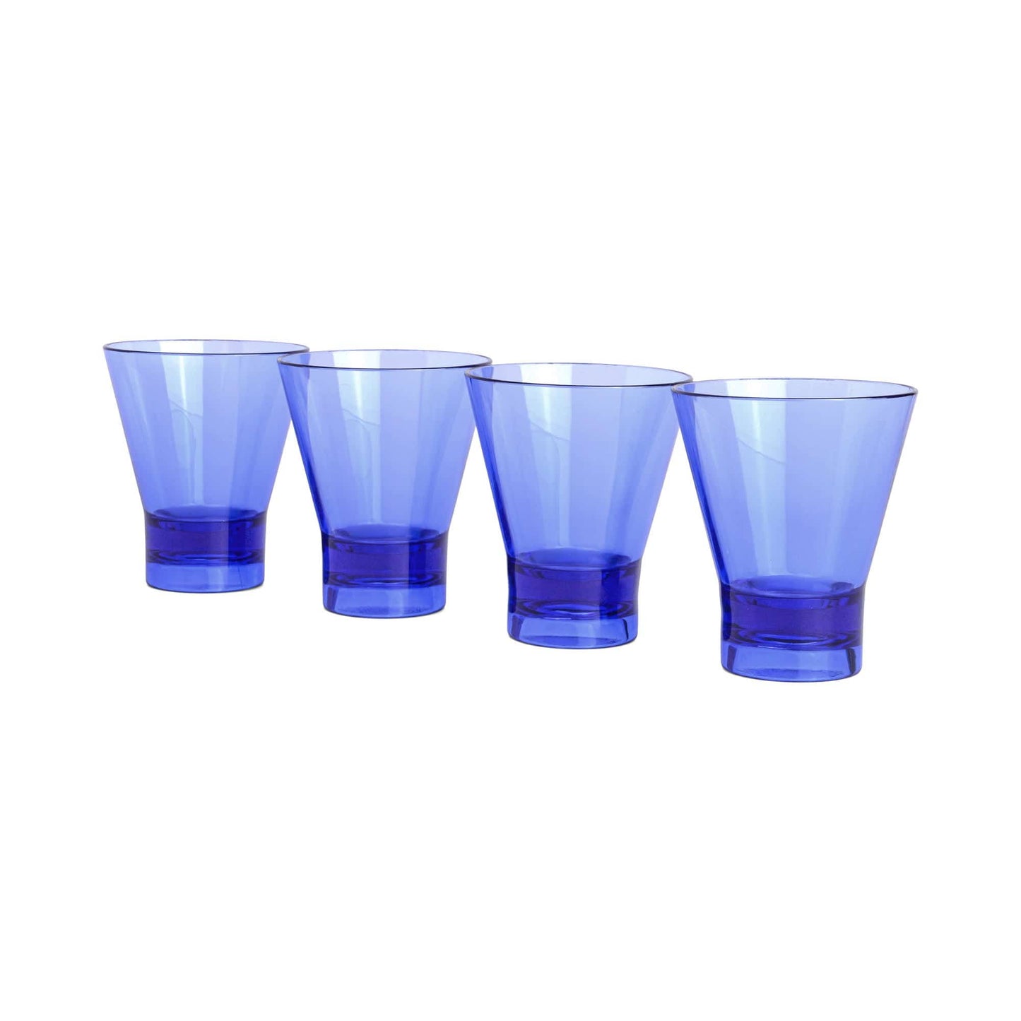 Four blue transparent Gilda Tumblers are lined up on a white background, ideal for serving cocktails and adding a playful summer vibe to any gathering.
