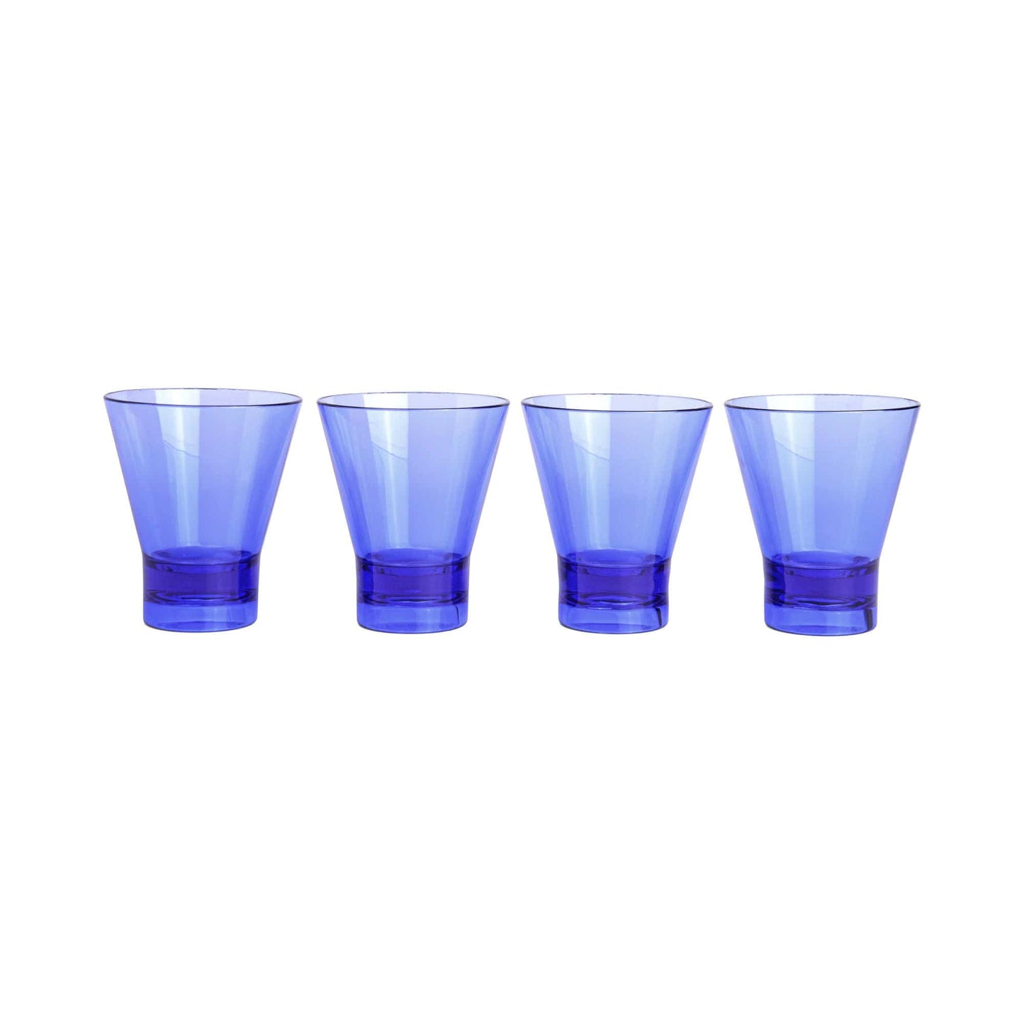 Four blue transparent The Gilda Tumbler glasses are arranged in a row on a white background, perfect for catching sunlight or serving refreshing cocktails.