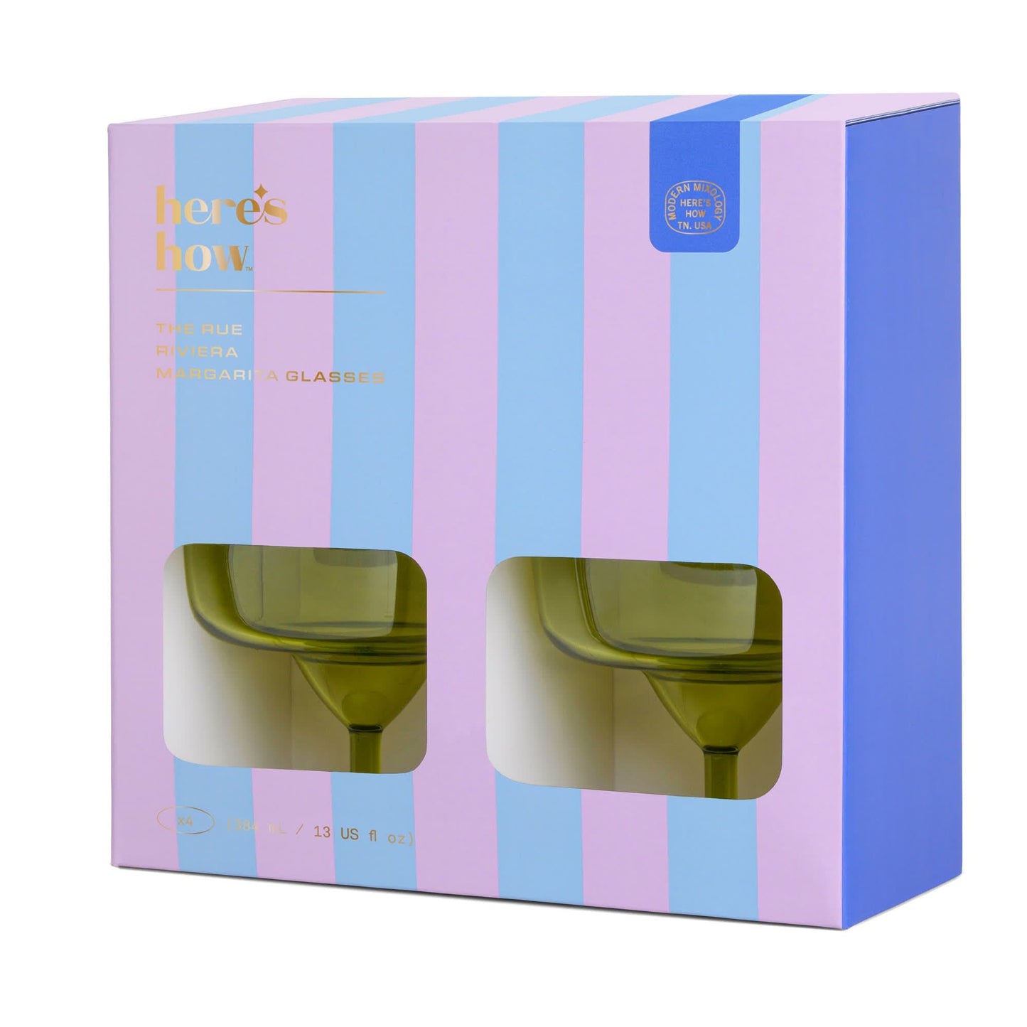 A striped blue and pink box, great for sunny days or poolside parties, with two The Rue Margarita Glasses partly visible through clear windows; text on the box reads heres how and THE RUE MARGARITA GLASS.