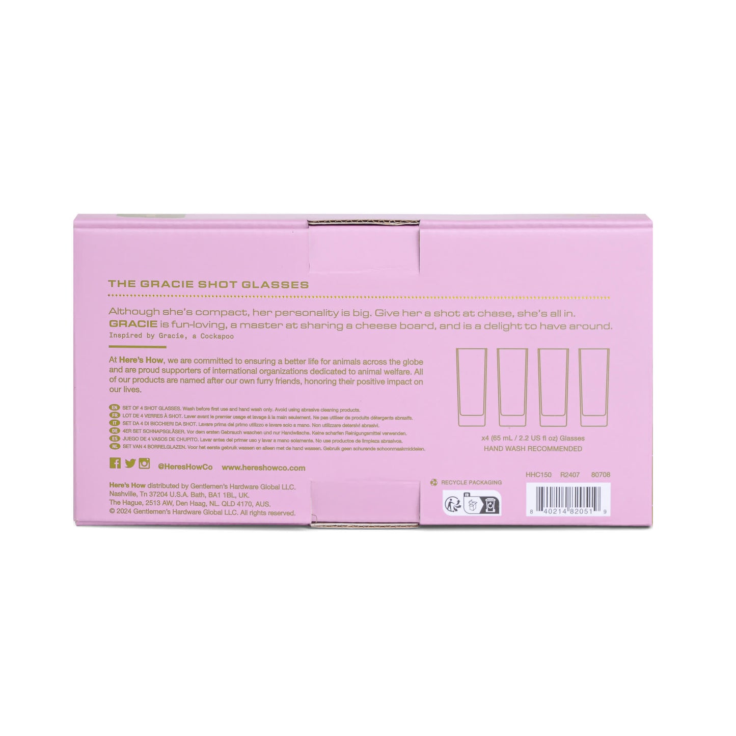 Back of a pink box showing product info and illustrations for The Gracie Set Of 4 Shot Glasses—ideal for parties and celebrations—with care instructions and company details included.