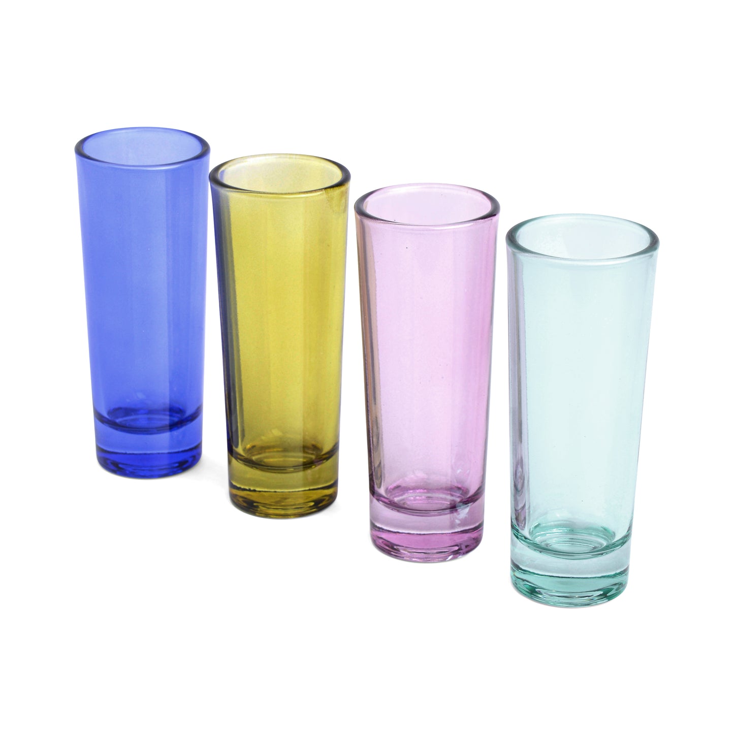 The Gracie Set Of 4 Shot Glasses includes empty blue, yellow, pink, and light green glasses arranged in a row on a white background—perfect for your next party or celebration.