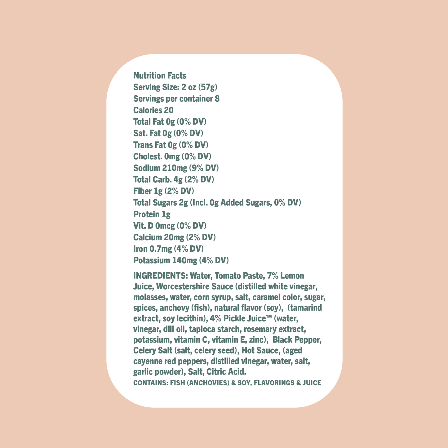 The Bloody Mary nutrition label lists serving size, calories, daily values, ingredients, and allergens—fish, anchovies, soy, and juice—ideal for cocktails or mocktails.