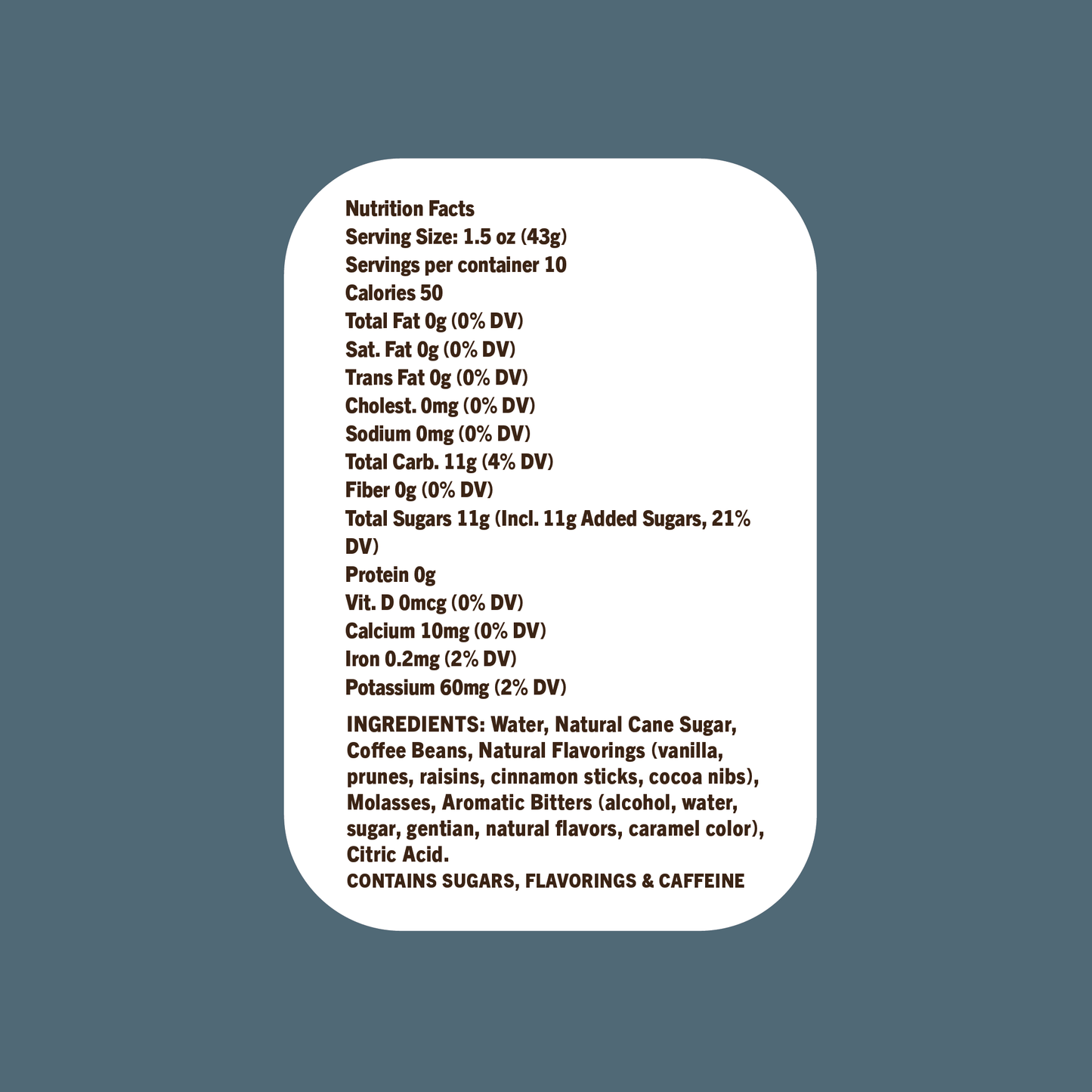 A blue background shows an Espresso Martini nutrition facts label with serving size, calories, daily values, and ingredients such as sugars, flavorings, and caffeine.