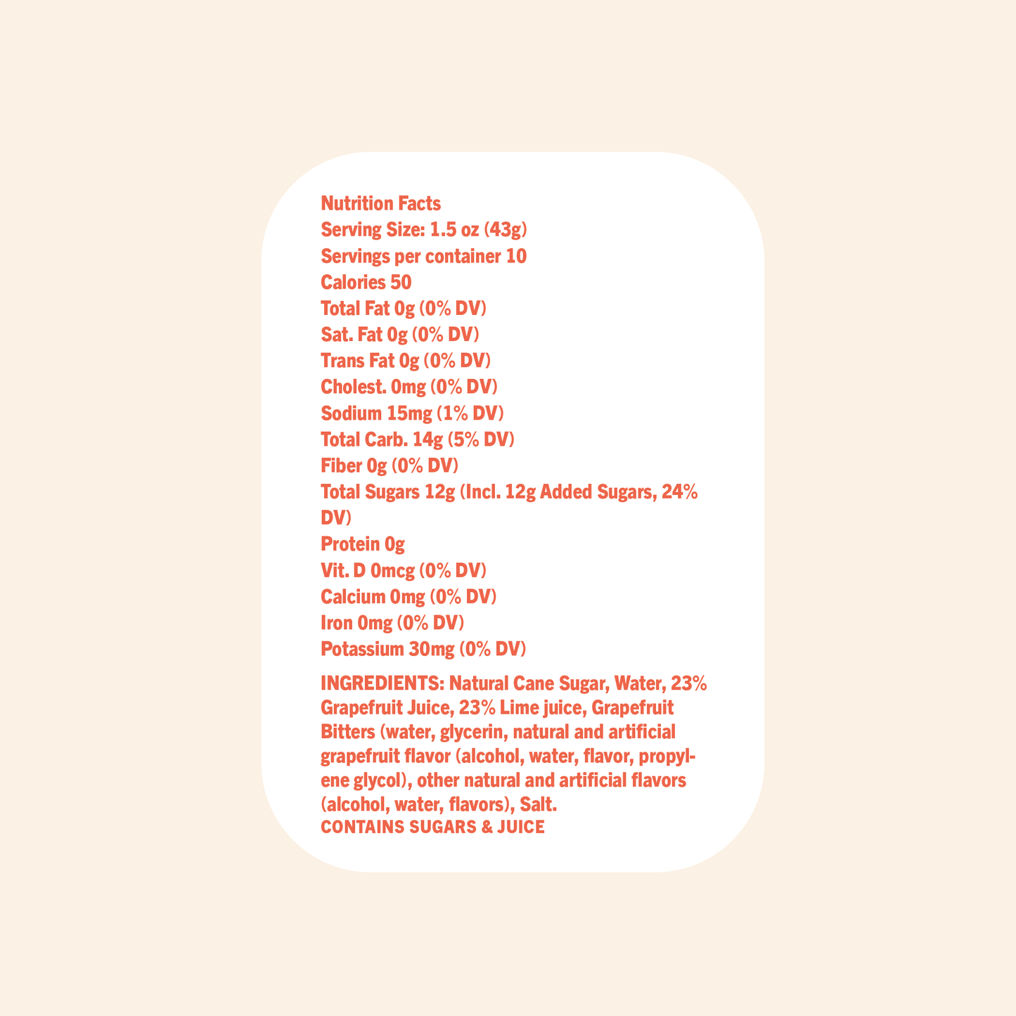 A nutrition label for Paloma grapefruit juice, featuring serving size, calories, daily values, ingredients, and allergen info—ideal for mixing into a classic Paloma cocktail with tequila.