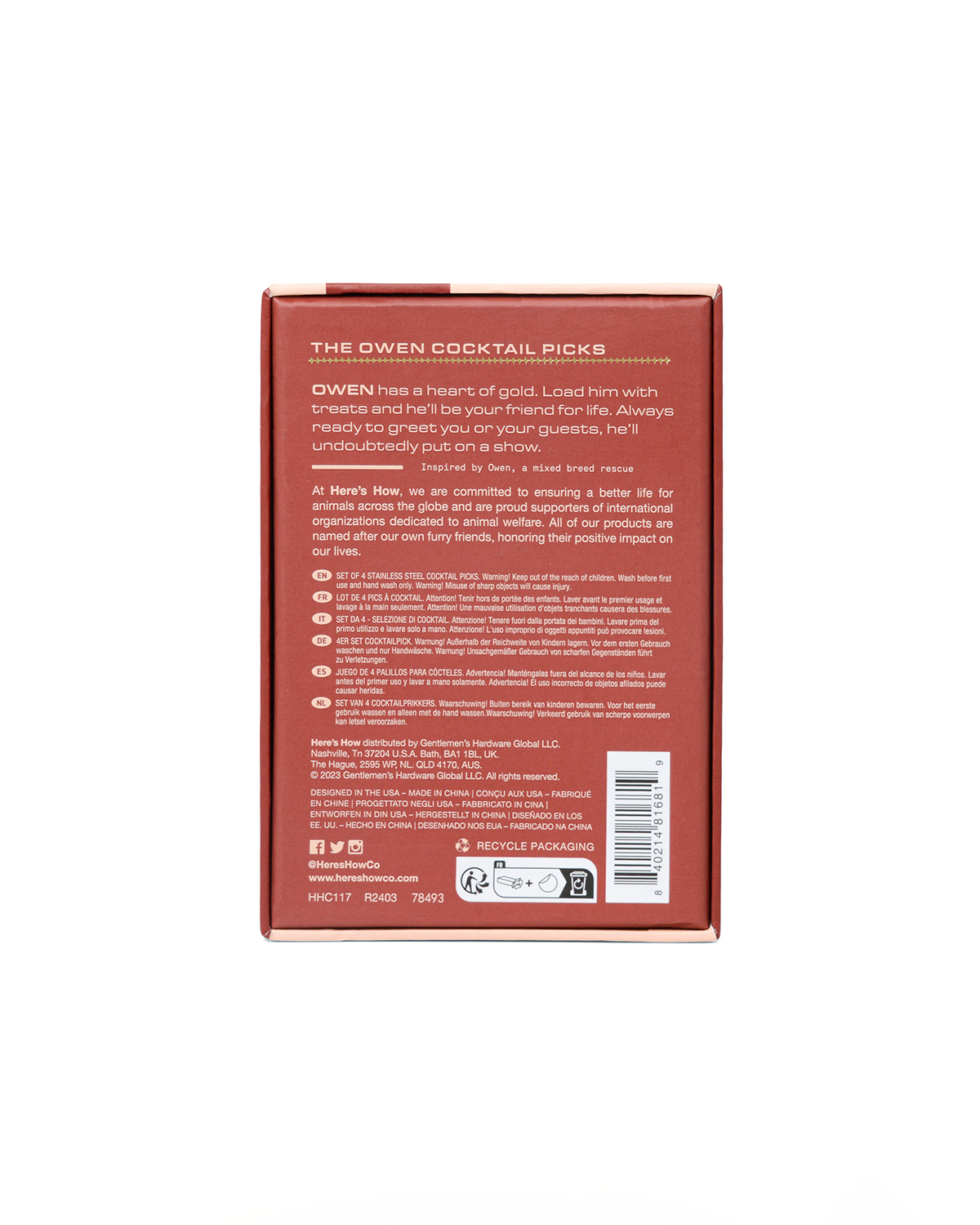 Back of The Owens red box with white text featuring its description, instructions, icons, company details, and recycling info for gold plated stainless steel cocktail picks.