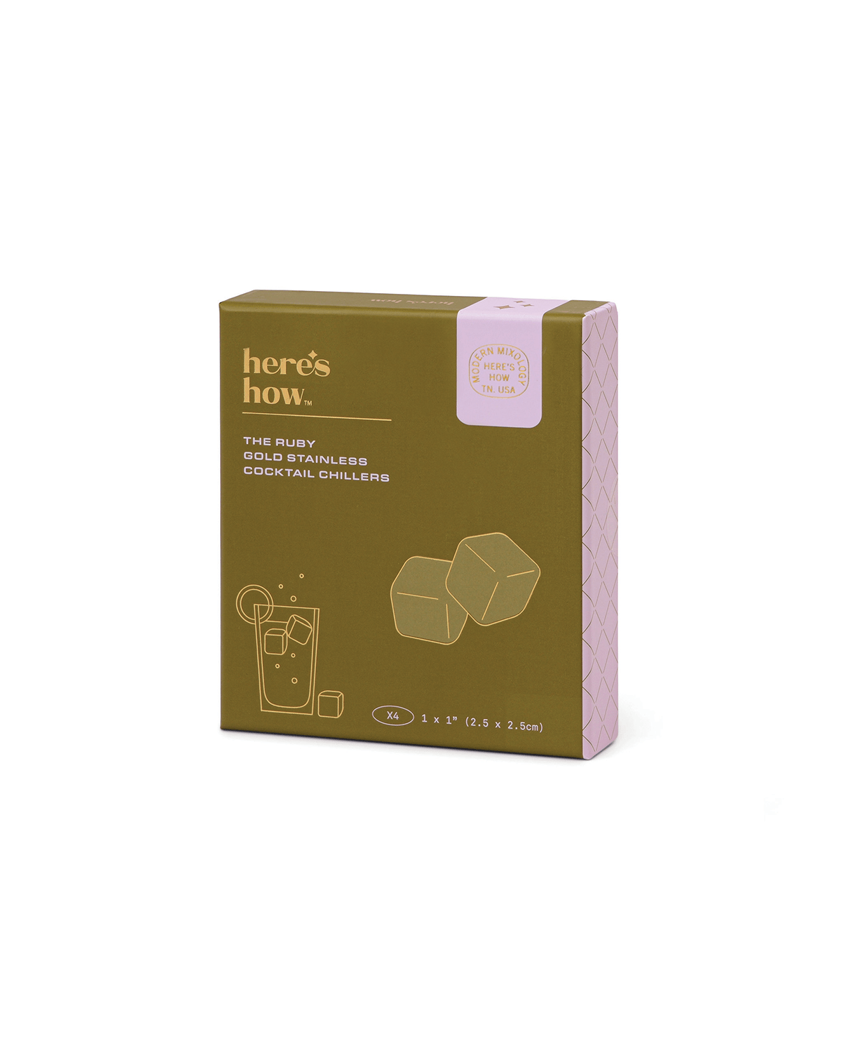 A box labeled heres how. containing Ruby Cubes—freezable, stainless-steel cocktail chillers that keep drinks cold—features an illustration of a drink and two chillers on the front.