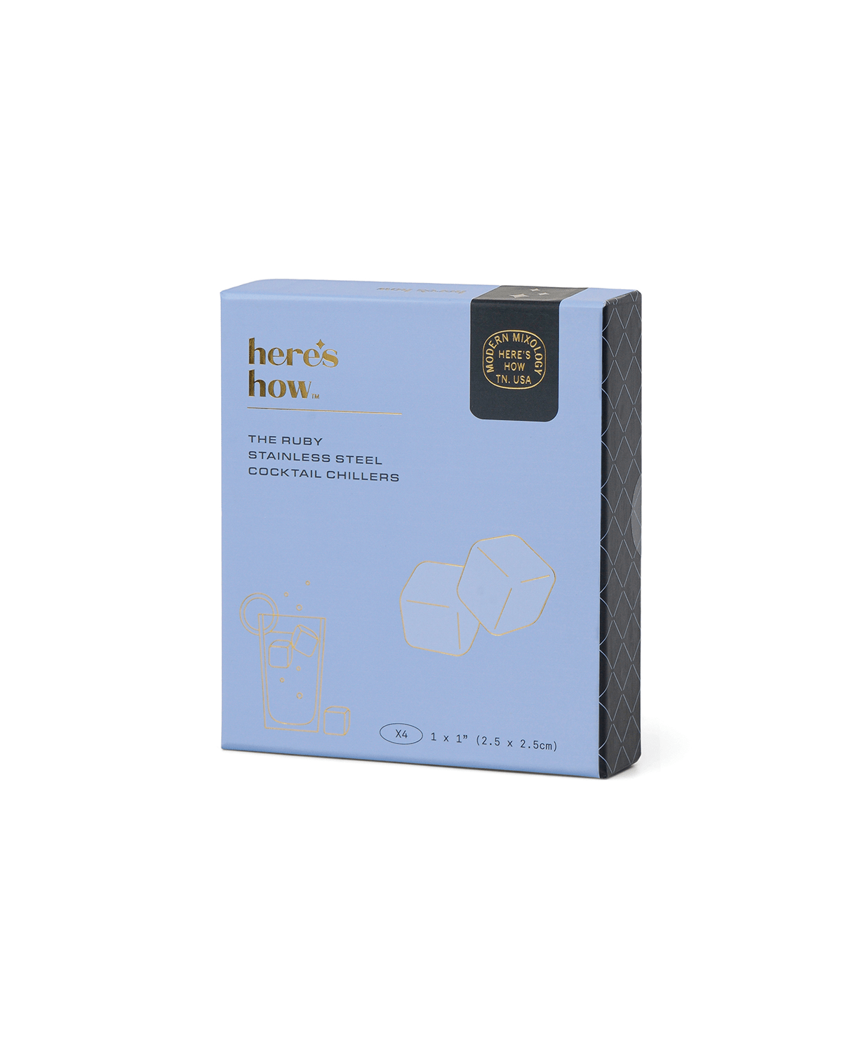 A blue box labeled heres how. contains Ruby Cubes, stainless-steel cocktail chillers that keep drinks cold without dilution. The sleek gold packaging features images of drink glasses and ice cubes.