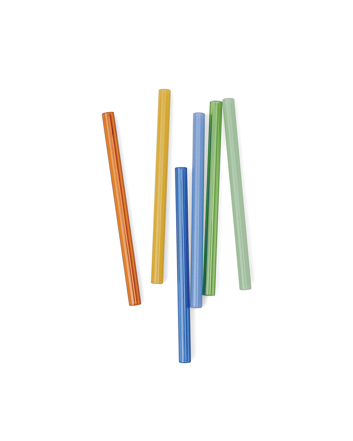 Six Whistler colored glass straws in orange, yellow, blue, and green are arranged side by side on a white background—perfect for adding vibrant style to your home bar.