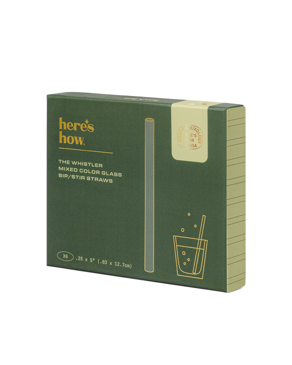 A green box labeled “here’s how.” contains The Whistler colored glass sip/stir straws, ideal for home bars, with an illustration of a glass and straws on the front.