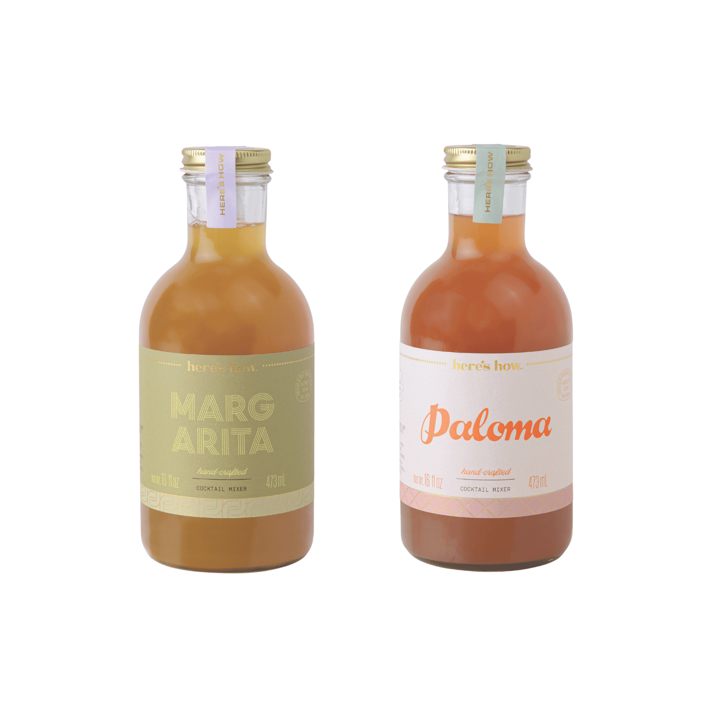 Citrus Duo features two glass bottles of tequila cocktails—a Margarita with a green label and a Paloma with a pink label—both boasting gold caps and minimalist designs.