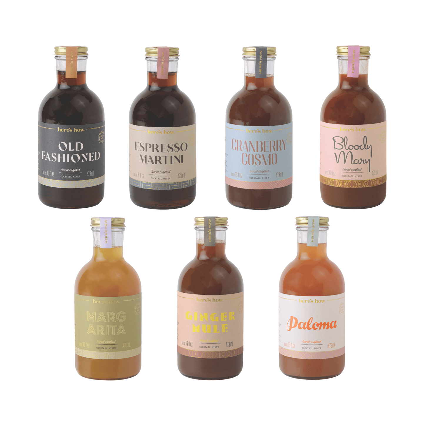 The Core Mixer Kit includes seven bar-quality cocktails, each labeled with a classic favorite: Old Fashioned, Espresso Martini, Cranberry Cosmo, Bloody Mary, Margarita, Ginger Mule, and Paloma.