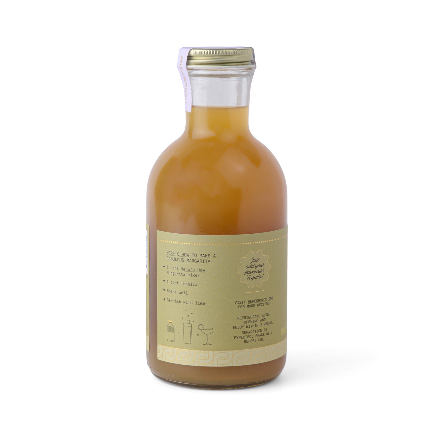 A clear glass bottle labeled Margarita with a gold label, filled with yellow-orange liquid and cocktail mixing instructions, set against a plain white background.