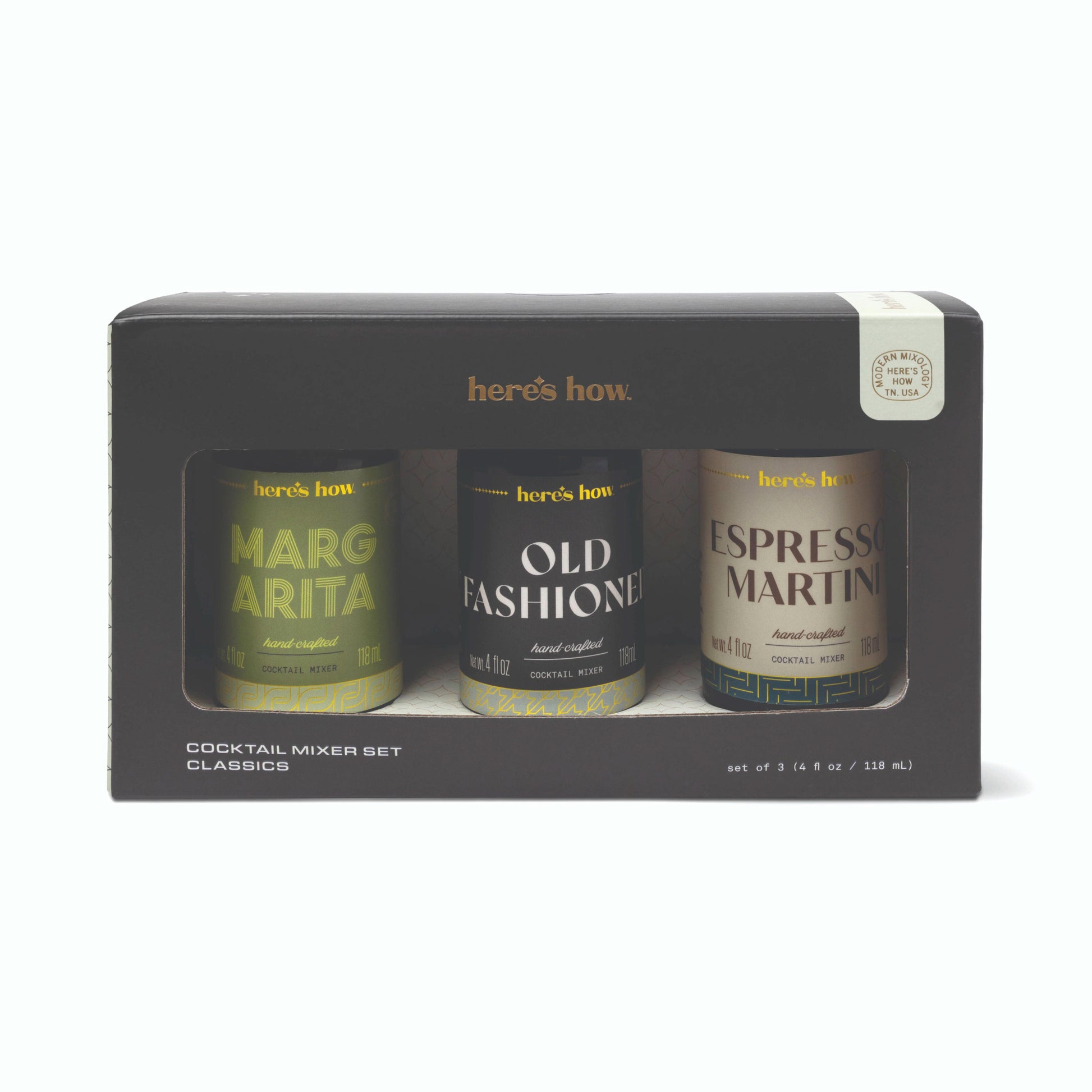 Here's how. Cocktail Mixer Set Classics in a dark gray box containing three cans: Margarita, Old Fashioned, and Espresso Martini.