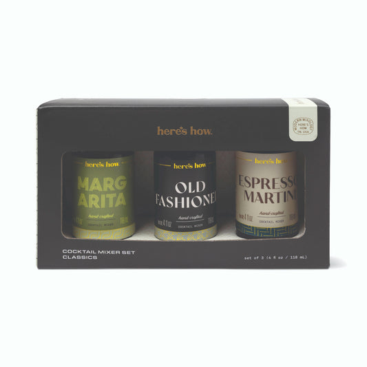 Here's how. Cocktail Mixer Set Classics in a dark gray box containing three cans: Margarita, Old Fashioned, and Espresso Martini.