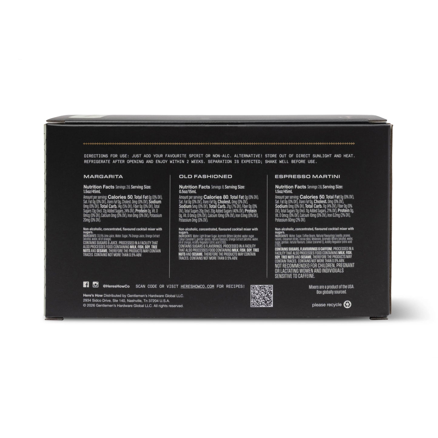 The back of a black rectangular product box on a white background, featuring three columns of white text with flavor names including Maraschino, Old Fashioned, and Espresso Martini, plus a QR code near the bottom.