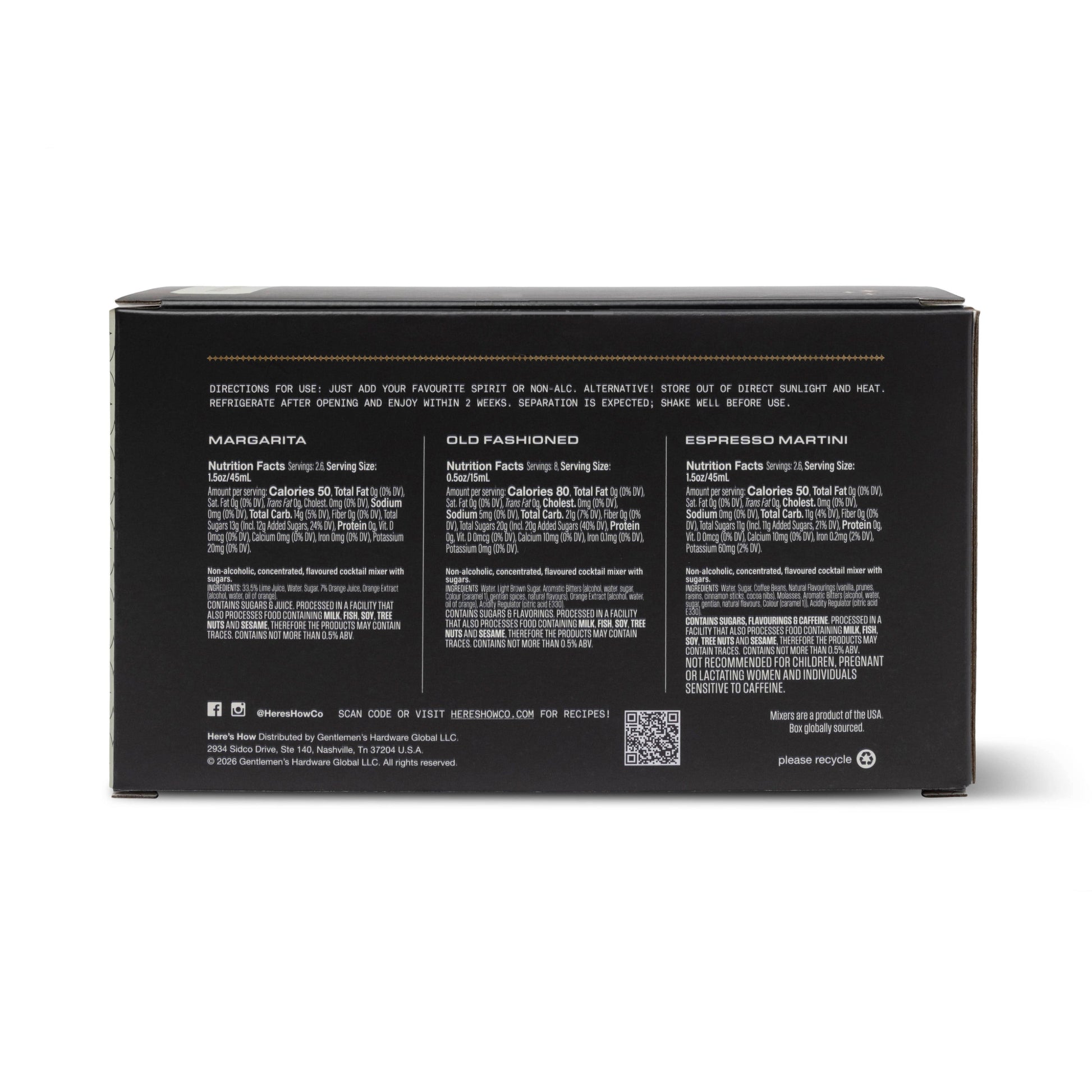 The back of a black rectangular product box on a white background, featuring three columns of white text with flavor names including Maraschino, Old Fashioned, and Espresso Martini, plus a QR code near the bottom.