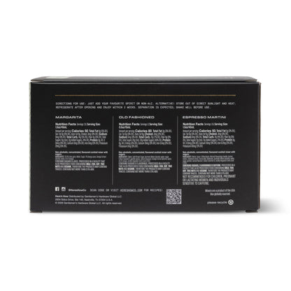 The back of a black rectangular product box on a white background, featuring three columns of white text with flavor names including Maraschino, Old Fashioned, and Espresso Martini, plus a QR code near the bottom.